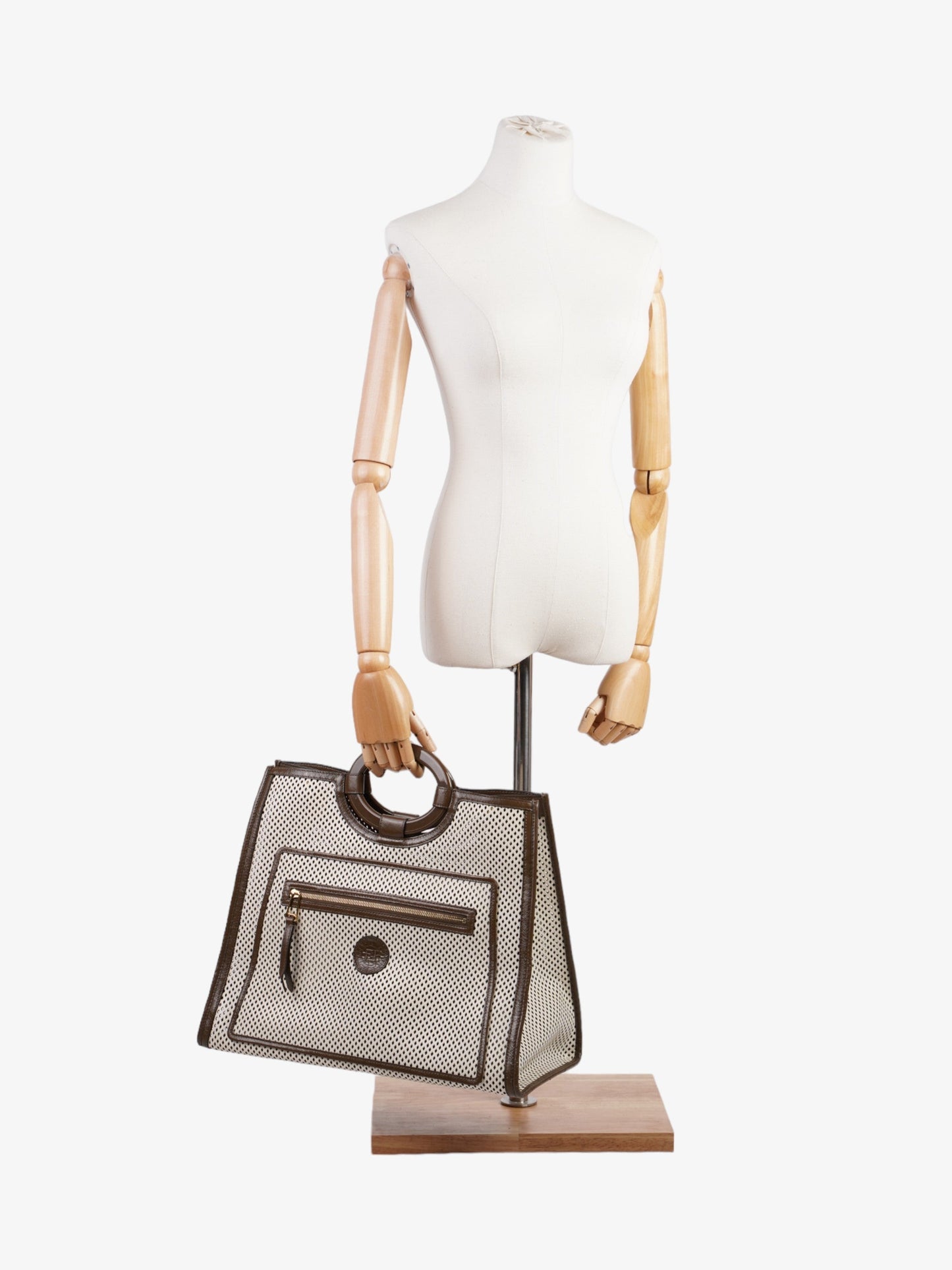 Fendi Perforated Runaway Shopper Tote Leather White Brown Shoulder Bag