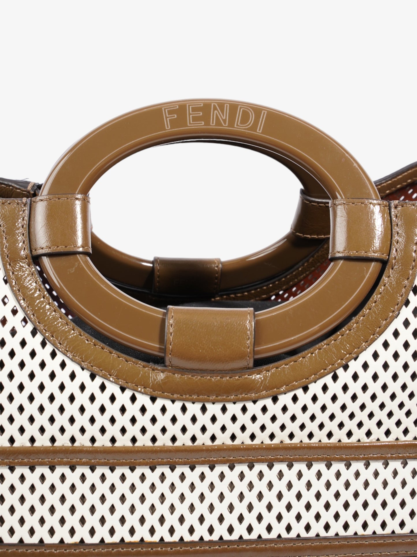 Fendi Perforated Runaway Shopper Tote Leather White Brown Shoulder Bag