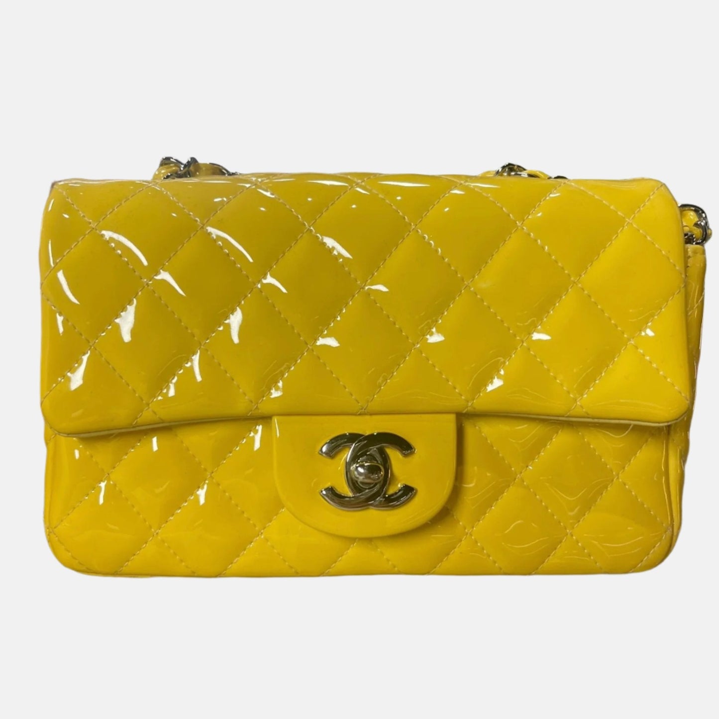 Chanel Classic Flap Rectangular Yellow Patent HW Silver Leather Mini Bag Silver Hw