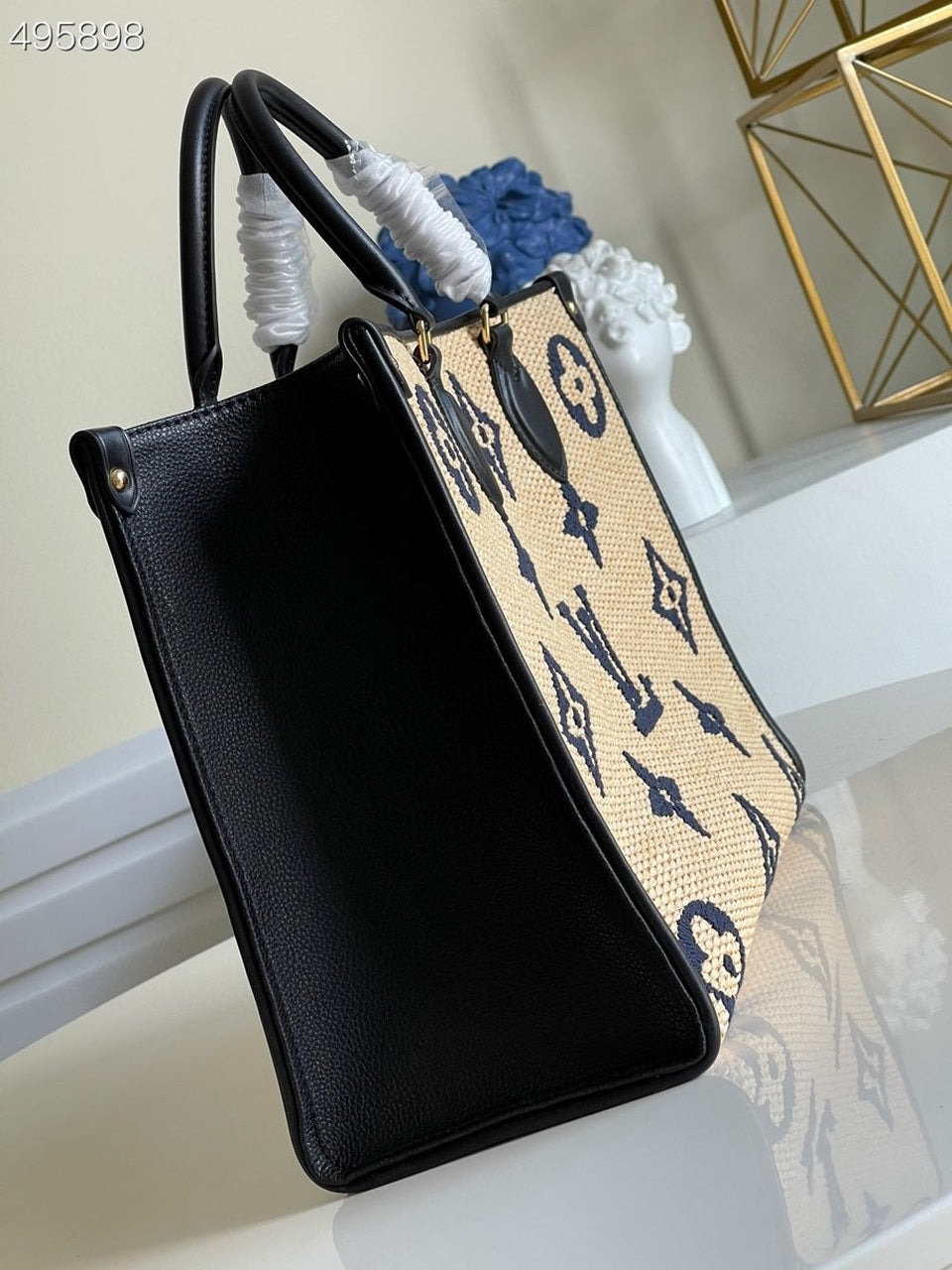 Top Quality Onthego Mm Tote Bag Navy Raffia Monogram Shoulder Bag