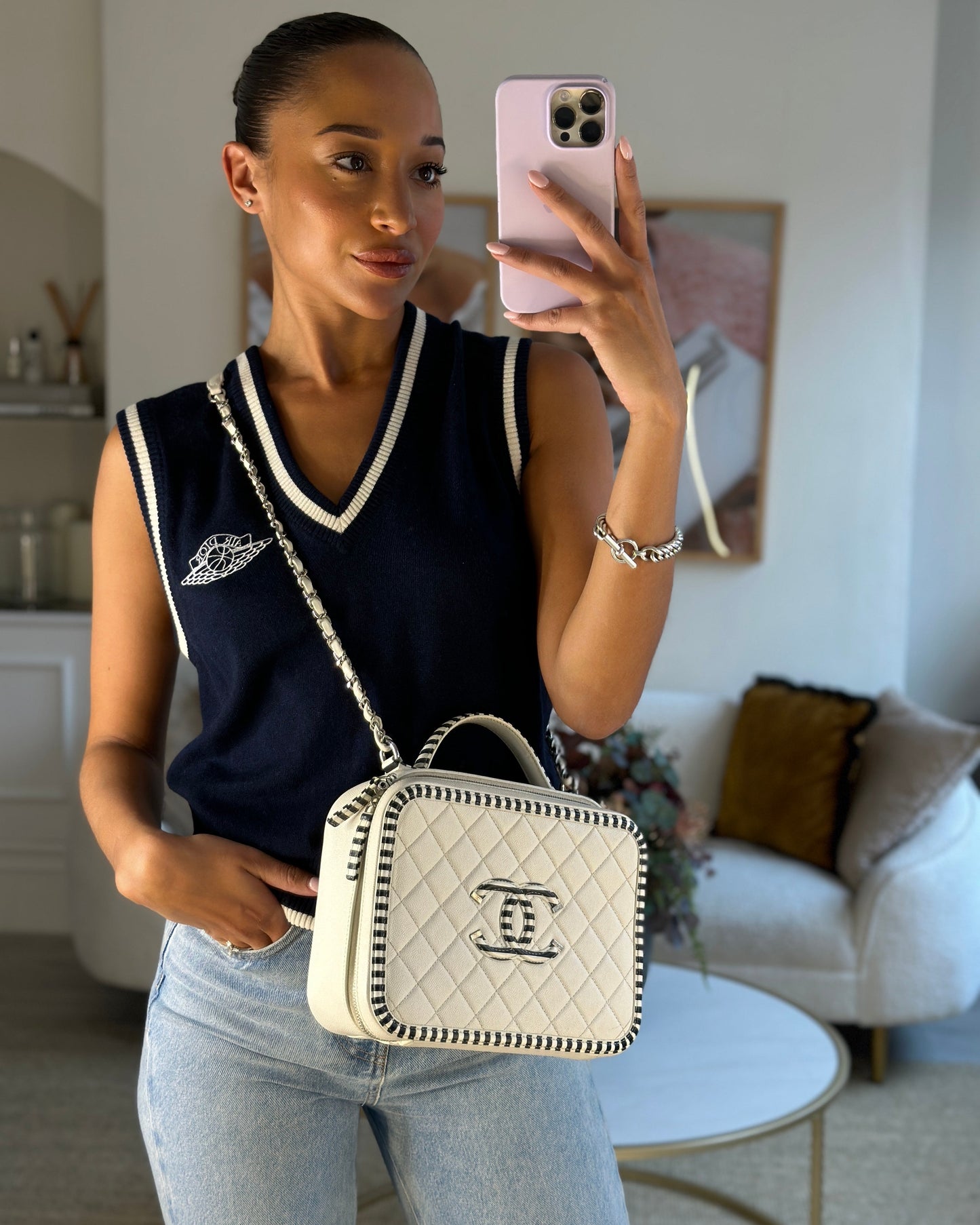 Chanel *hot* White Caviar Vanity Case with Zebra Motif CC Logo and Silver Hardware Handbag