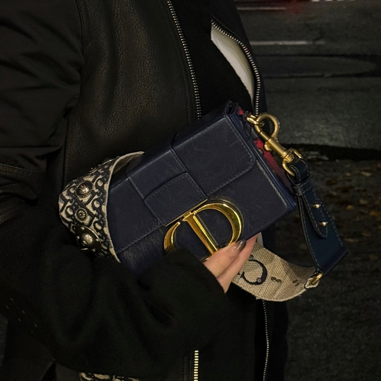 Dior Christian Montaigne Box Shoulder Bag Leather Blue Navy
