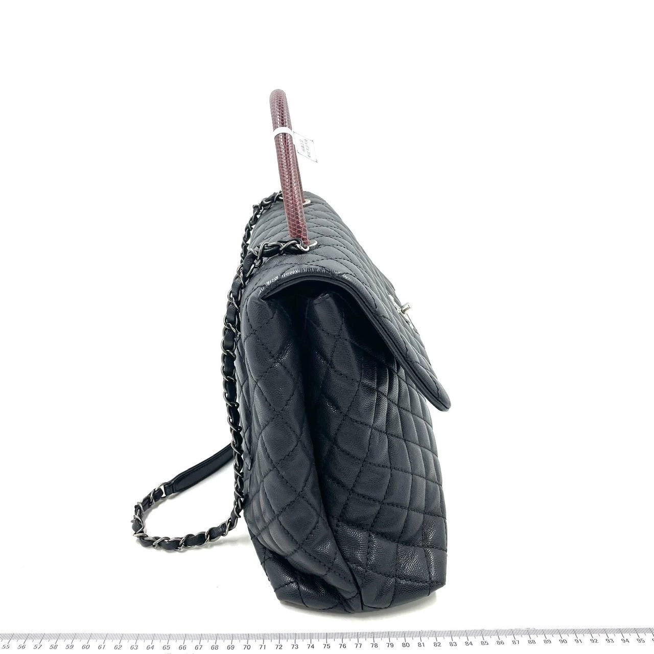 Chanel Coco Handle Maxi Caviar Burgundy Lizard Black Silver Leather Handbag