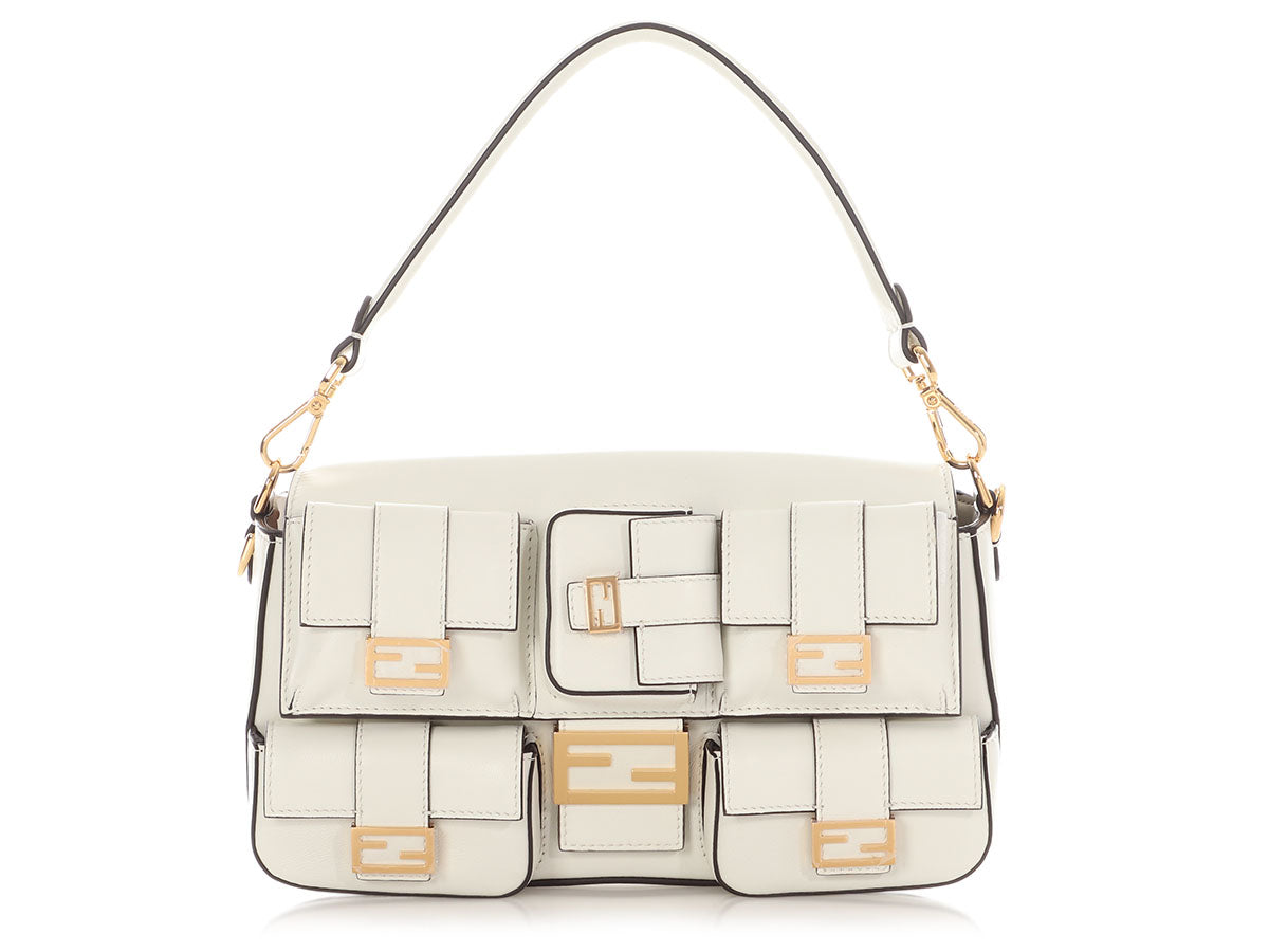 Fendi Calfskin Multipocket Baguette Shoulder Bag White