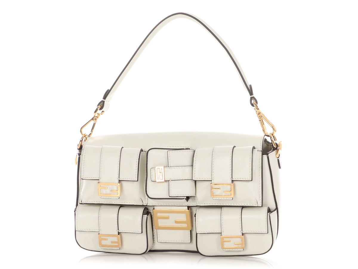 Fendi Calfskin Multipocket Baguette Shoulder Bag White