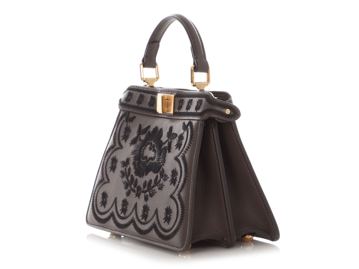 Fendi Floral Petite Peekaboo Iseeu Crossbody Bag Gray Embroidered