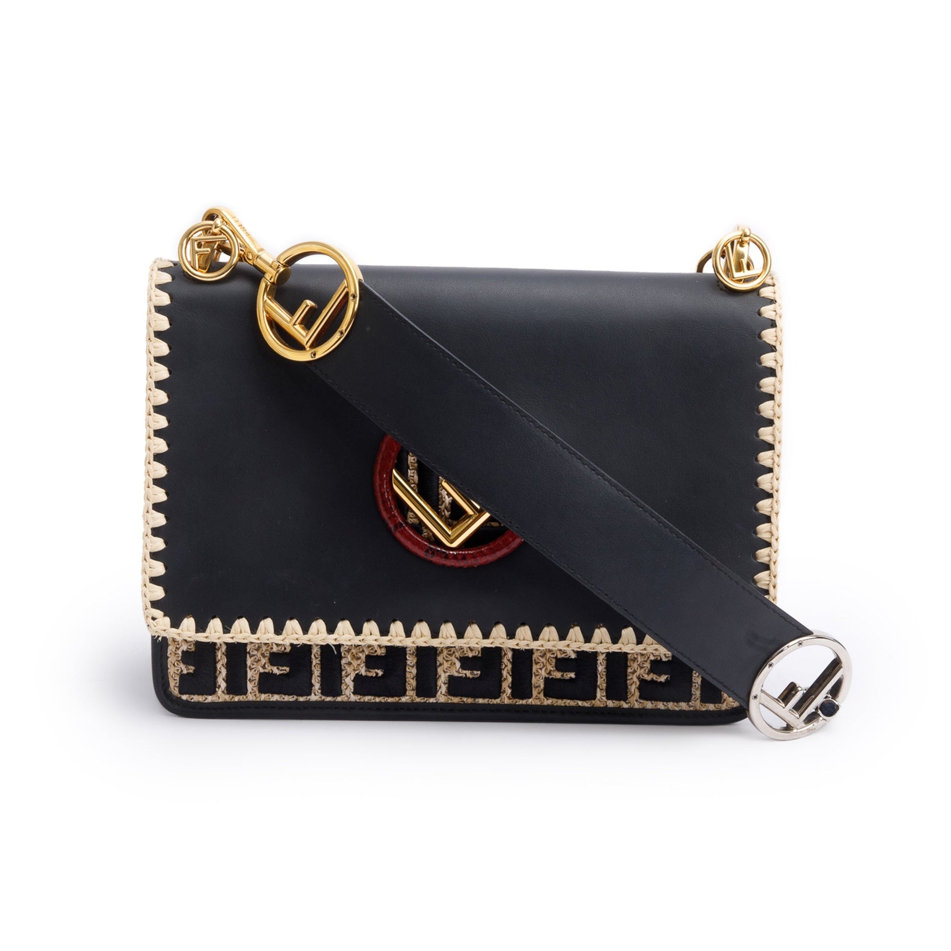 Fendi Calfskin Snakeskin Ff Embroidered Medium Is Kan Leather Raffia Shoulder Bag