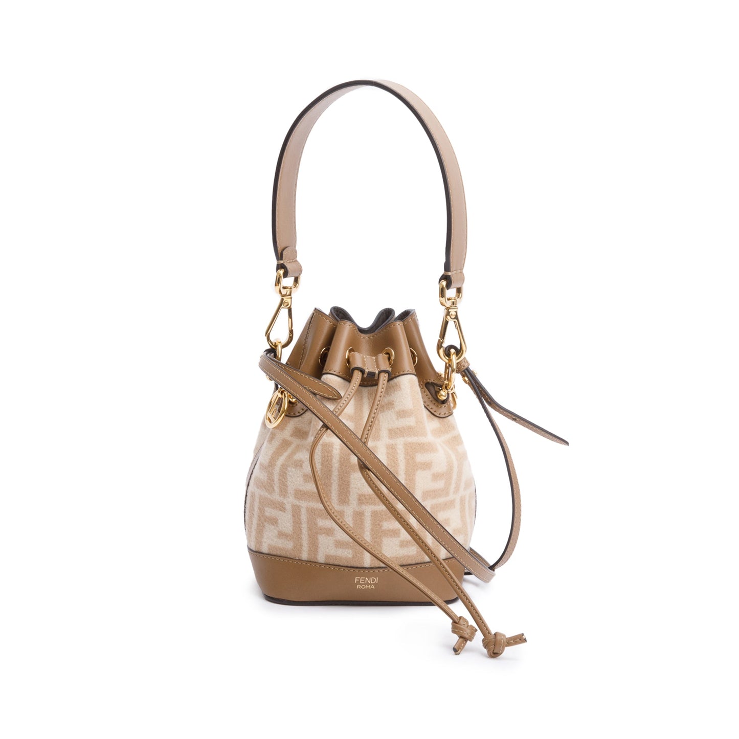 Fendi Neutral Ff Wool Calfskin Mon Tresor Bucket Leather Tan Bucket Bag