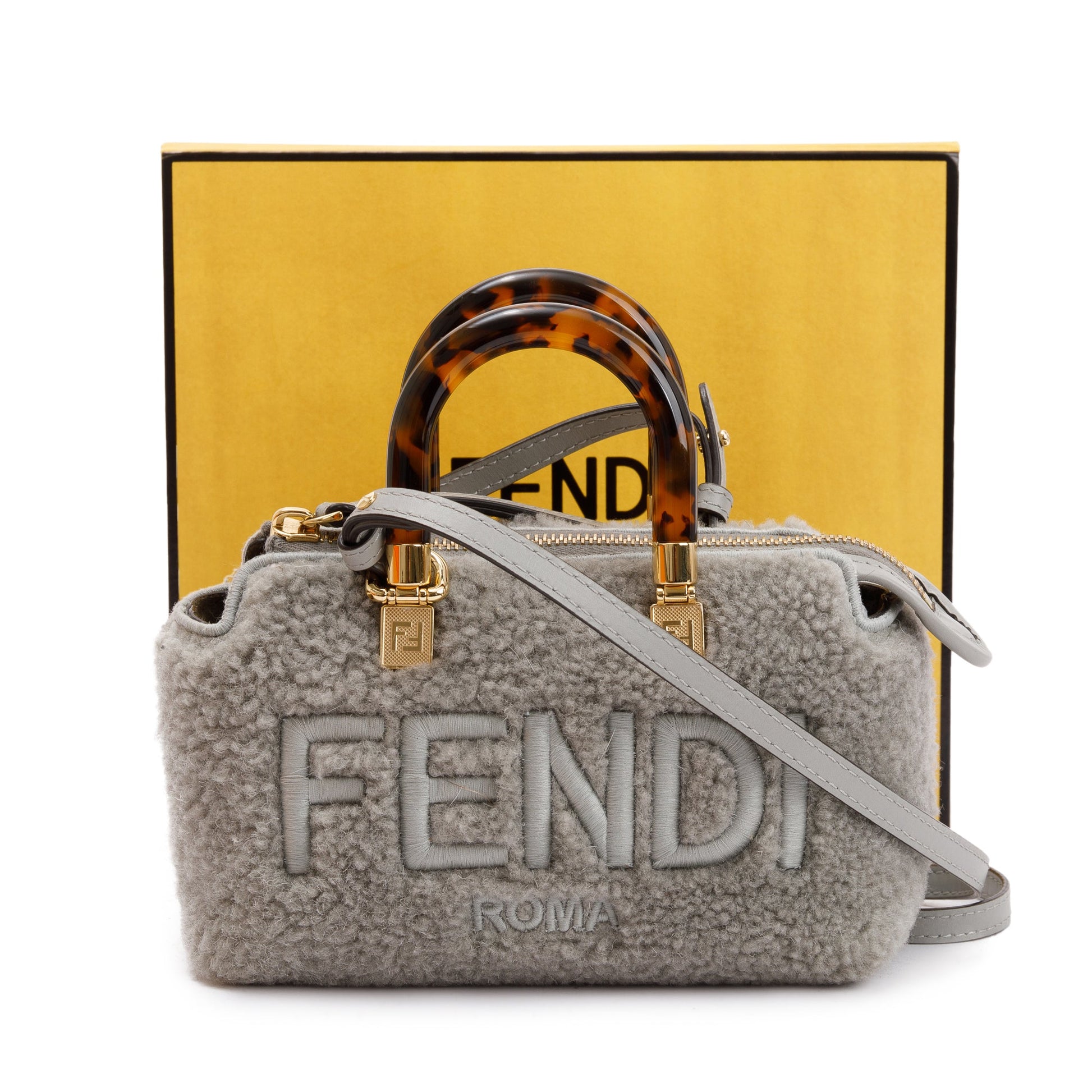 Fendi Grey Sheepskin Embroidered By The Way Boston Mini Travel Bag