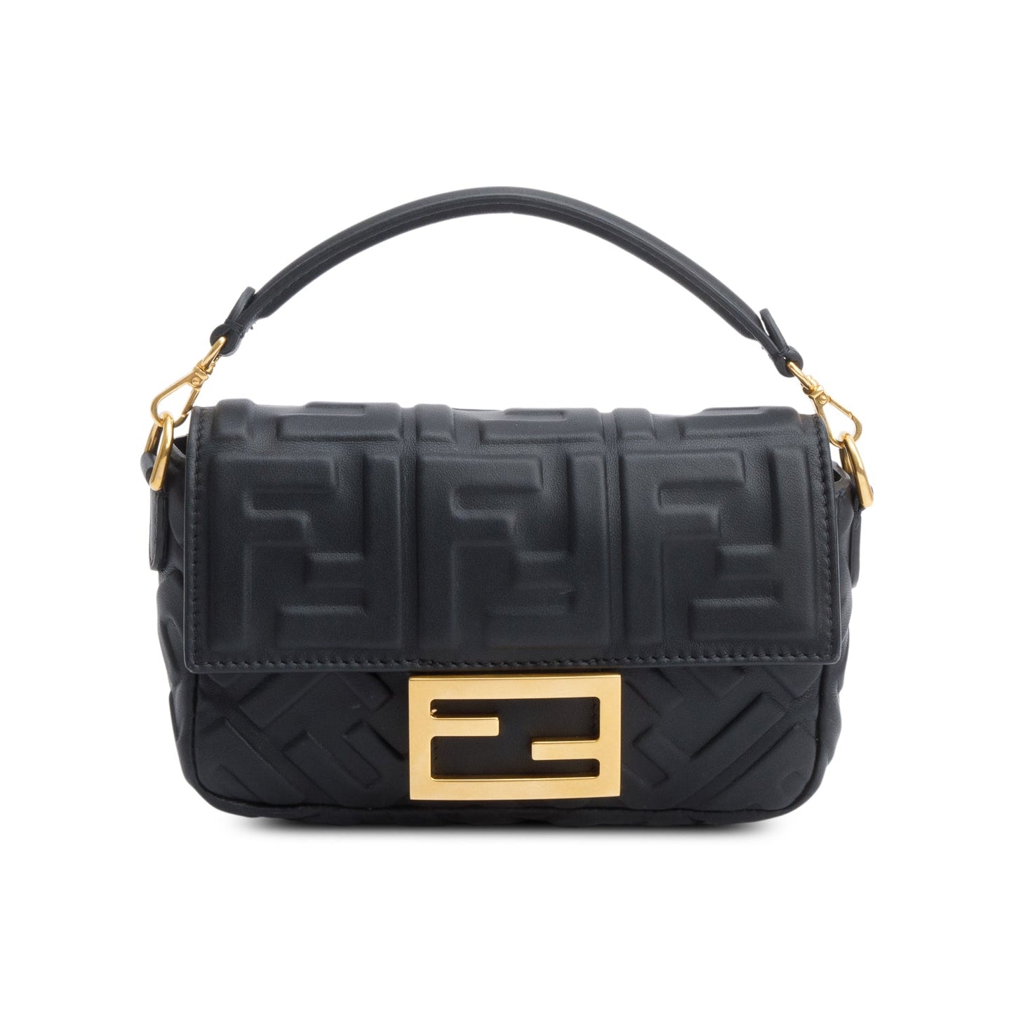 Fendi Ff Embossed Nappa Be Baguette Chain Crossbody Leather Black Crossbody Bag