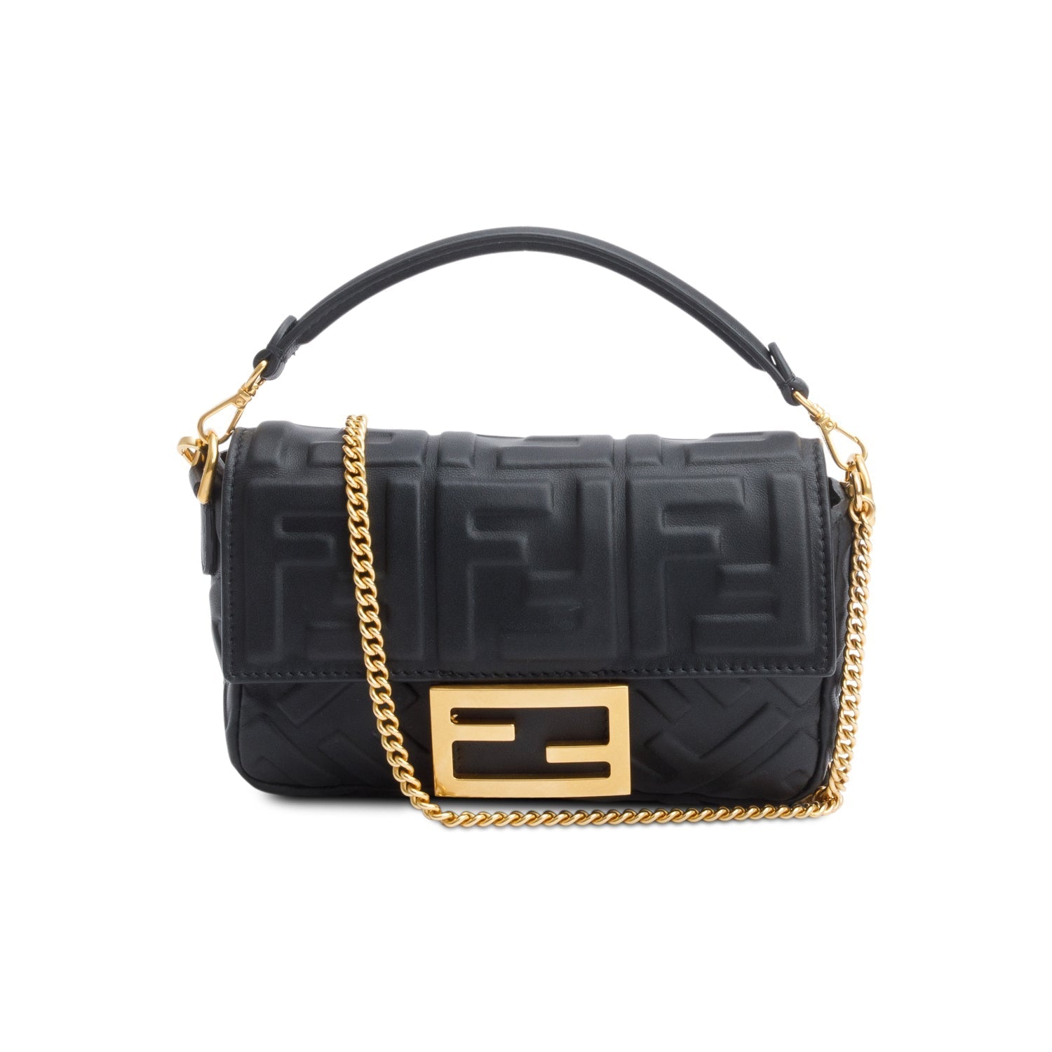 Fendi Ff Embossed Nappa Be Baguette Chain Crossbody Leather Black Crossbody Bag