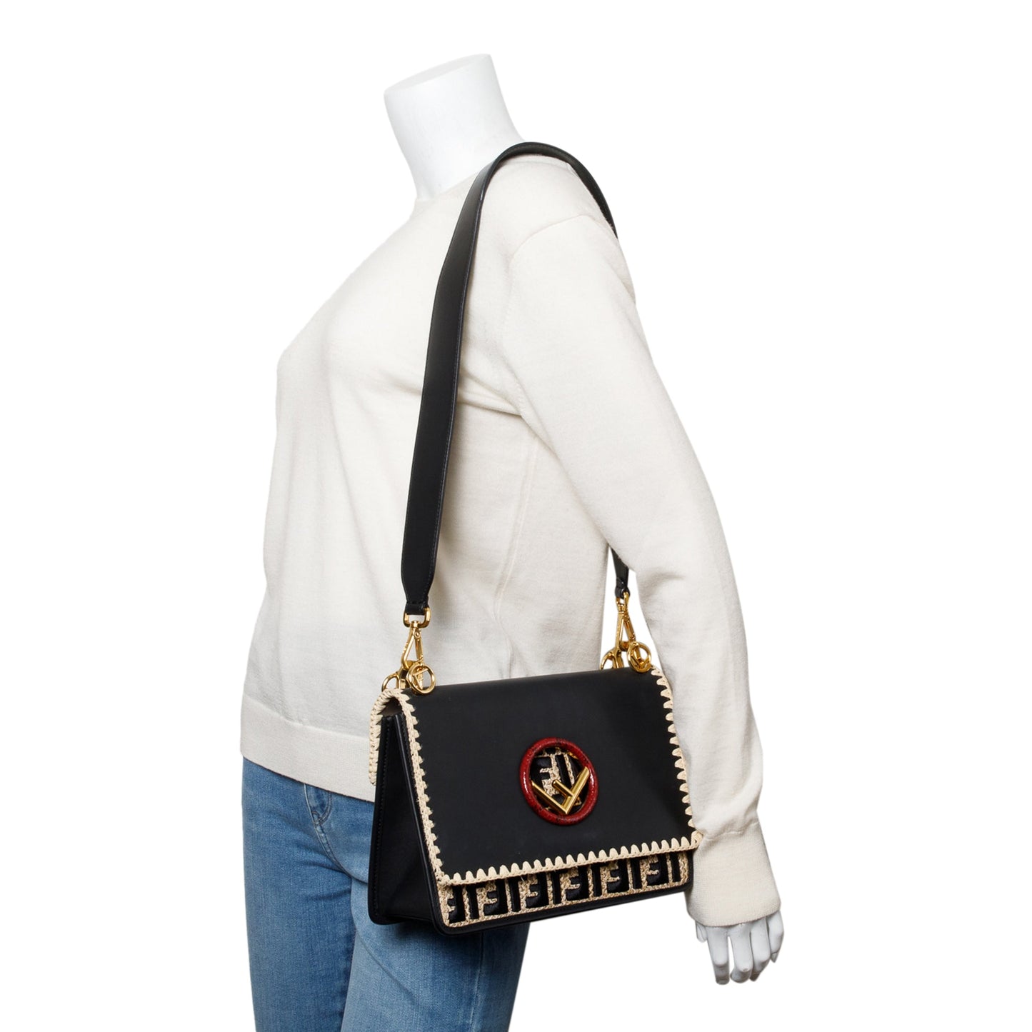 Fendi Calfskin Snakeskin Ff Embroidered Medium Is Kan Leather Raffia Shoulder Bag
