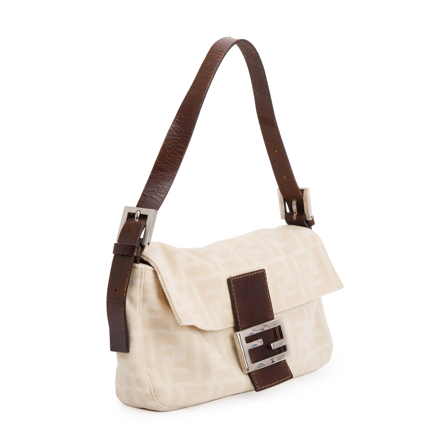 Fendi Beige Ff Zucca Trim Baguette Shoulder Bag Leather Canvas
