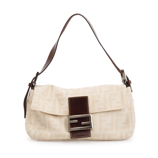 Fendi Beige Ff Zucca Trim Baguette Shoulder Bag Leather Canvas