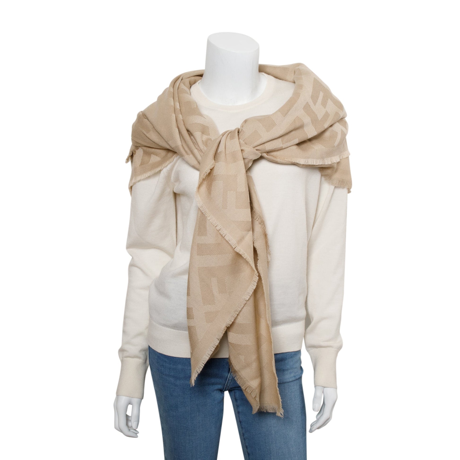Fendi Wool Silk Zucca Ff Shawl Travel Bag Beige Logo