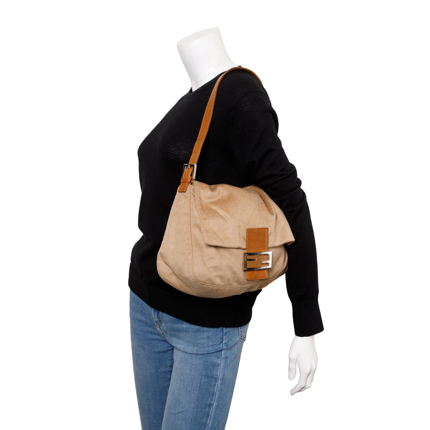 Fendi Wool Trim Mama Forever Baguette Shoulder Bag Leather Beige