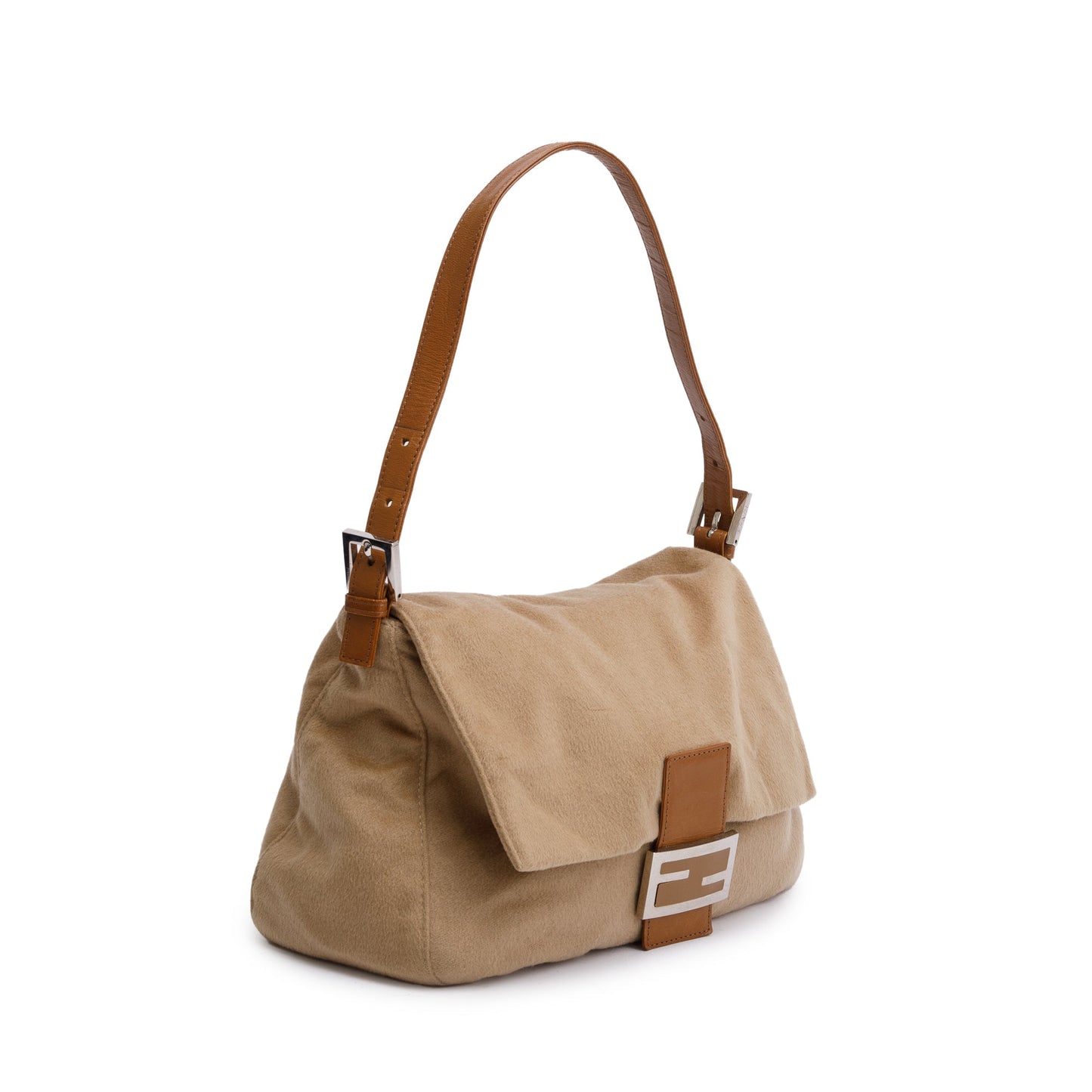 Fendi Wool Trim Mama Forever Baguette Shoulder Bag Leather Beige
