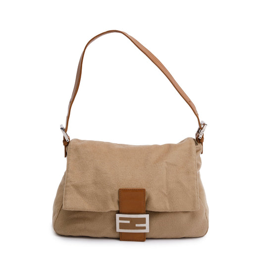 Fendi Wool Trim Mama Forever Baguette Shoulder Bag Leather Beige