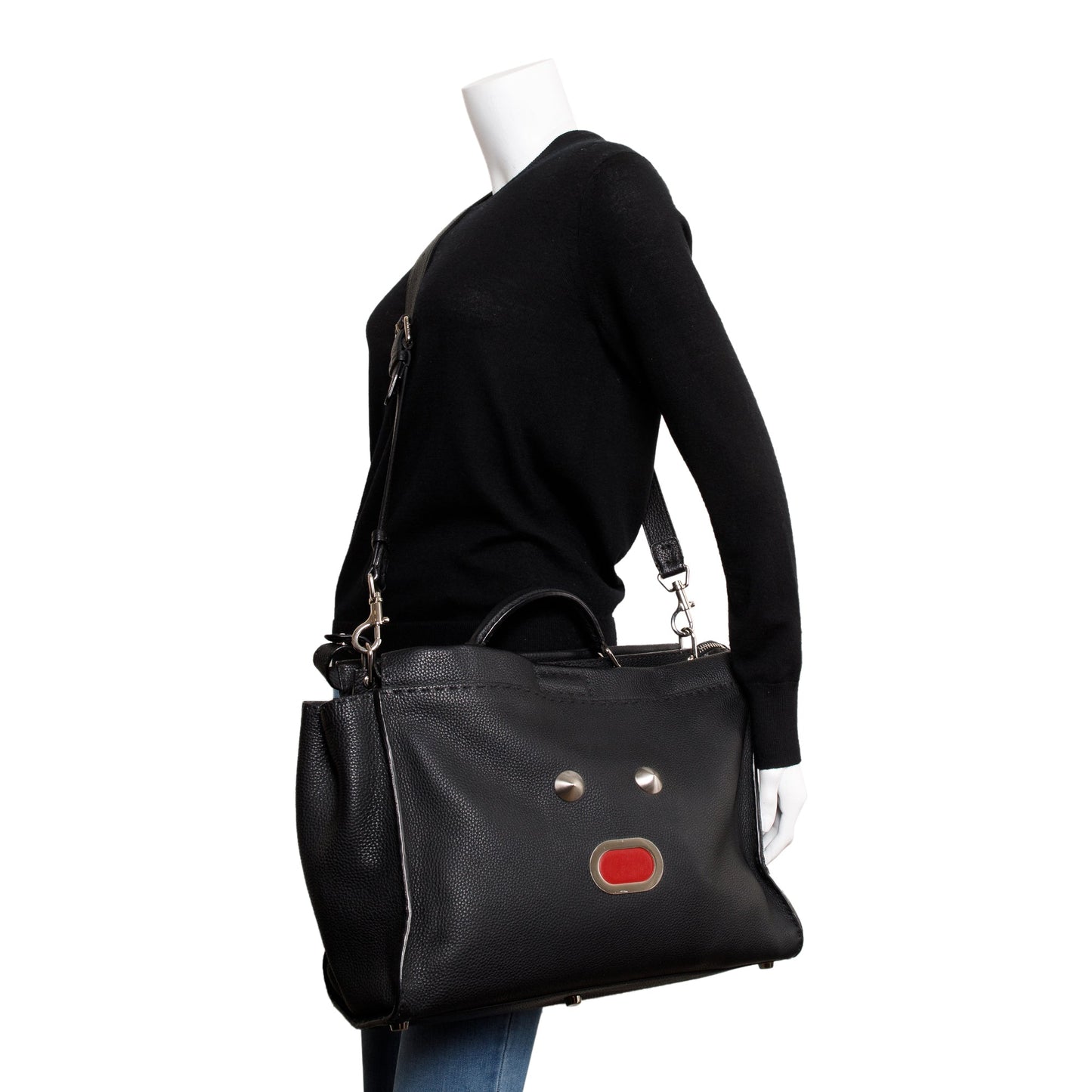Fendi Calfskin Faces Xl Peekaboo Bag Leather Black Travel Bag