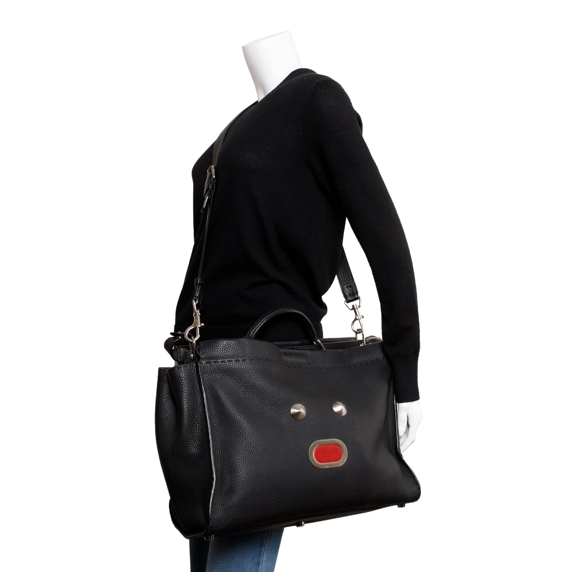 Fendi Calfskin Faces Xl Peekaboo Bag Leather Black Travel Bag