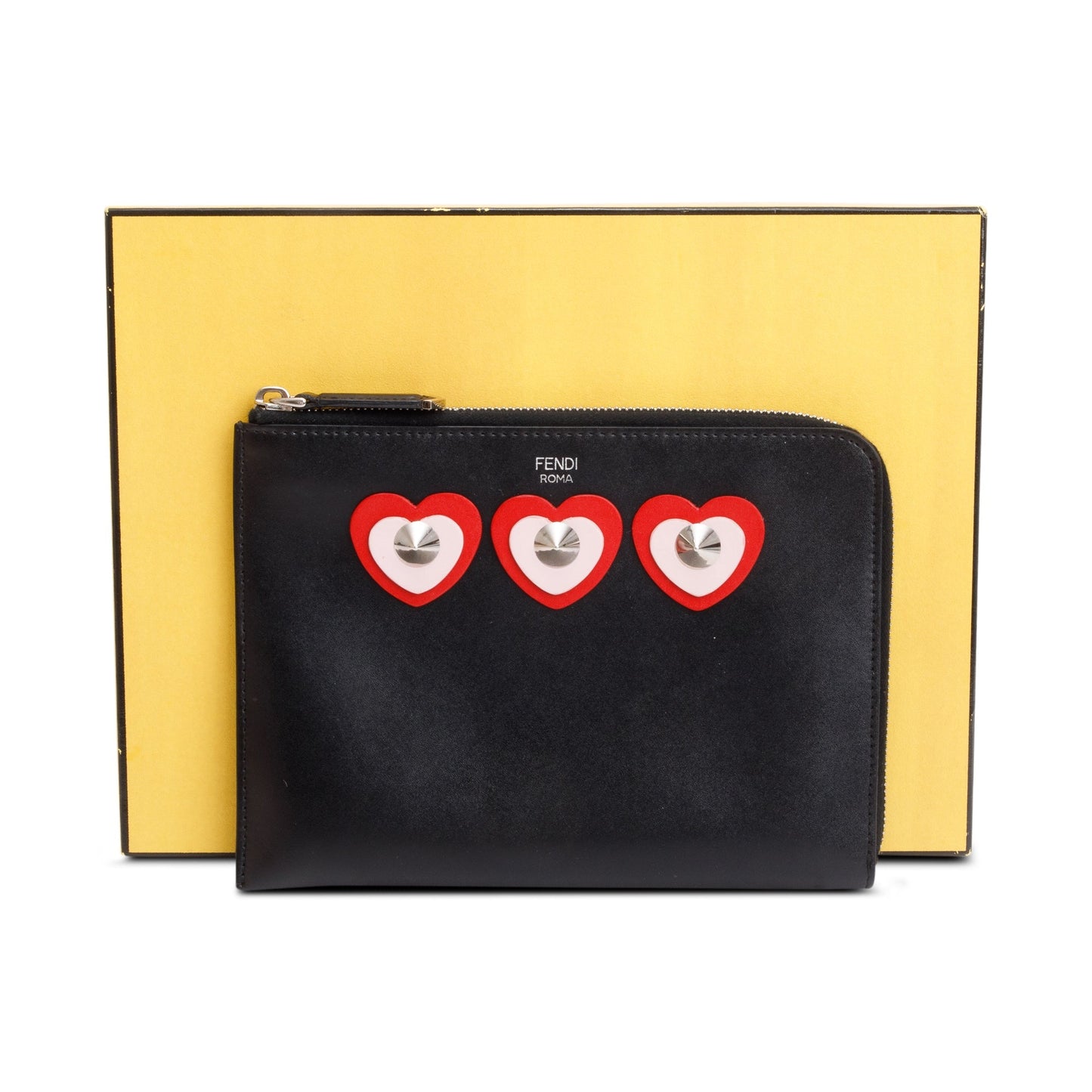 Fendi Calfskin Studded Heart Zip Around Clutch Leather Black Clutch Bag