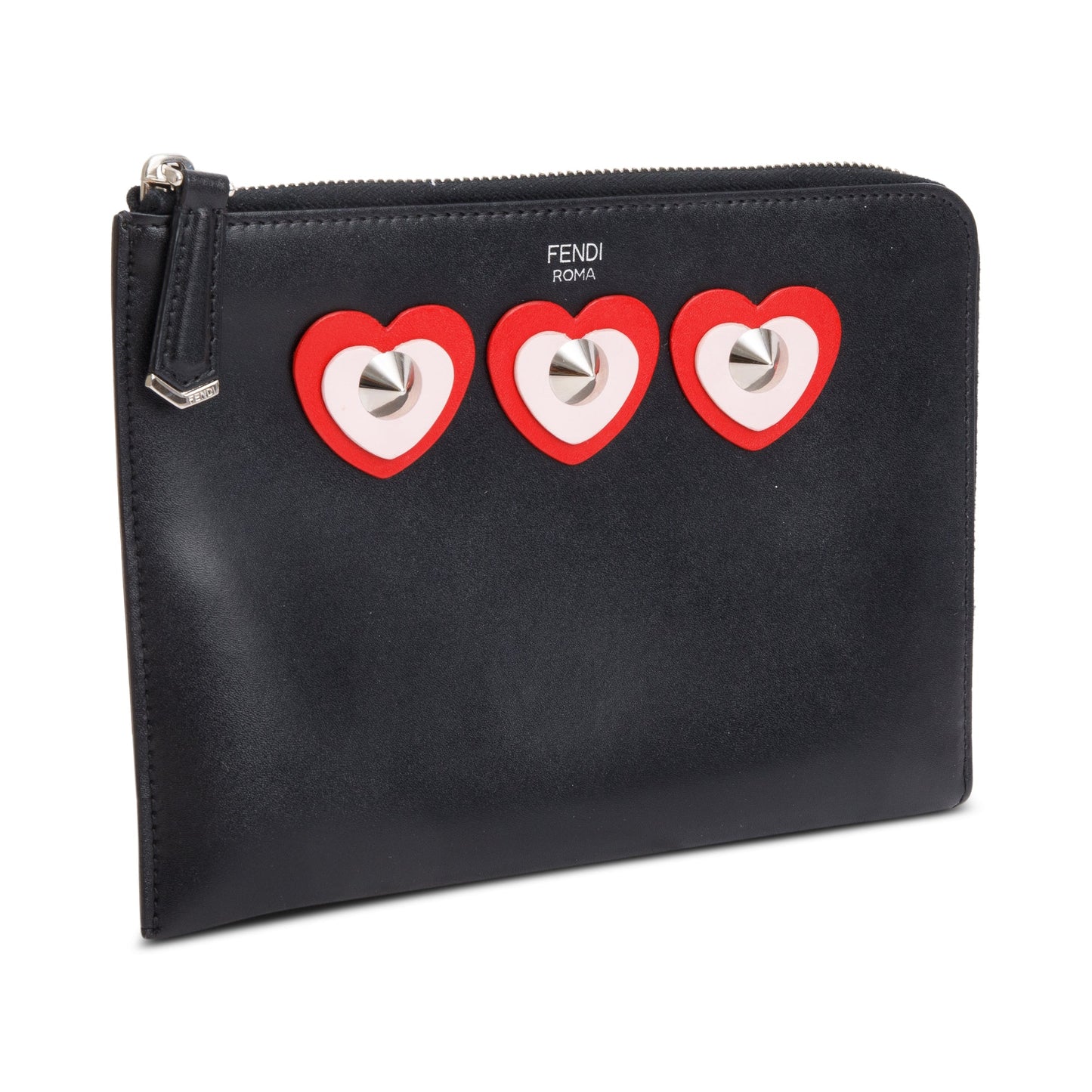 Fendi Calfskin Studded Heart Zip Around Clutch Leather Black Clutch Bag
