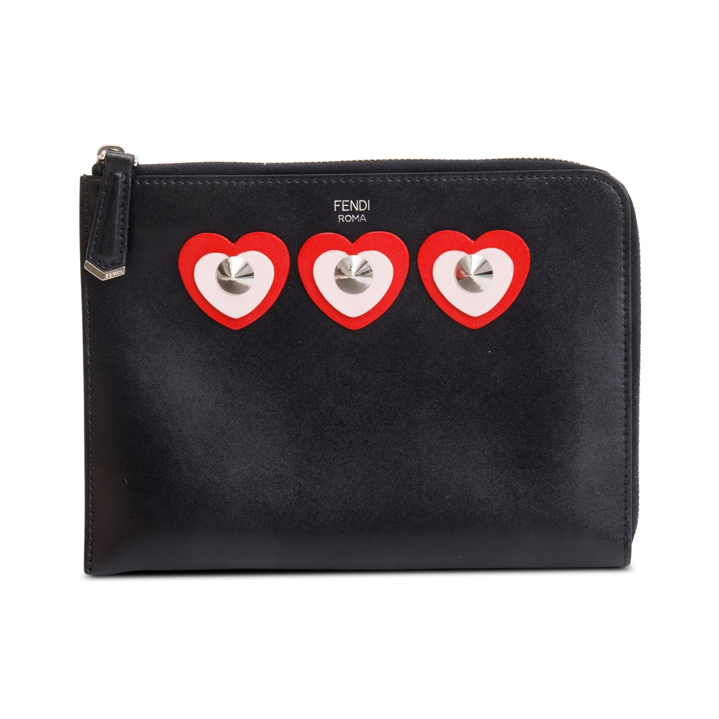 Fendi Calfskin Studded Heart Zip Around Clutch Leather Black Clutch Bag