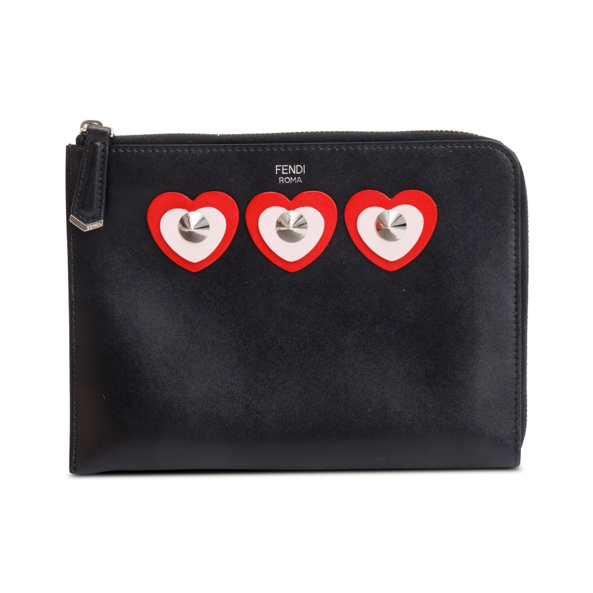 Fendi Calfskin Studded Heart Zip Around Clutch Leather Black Clutch Bag