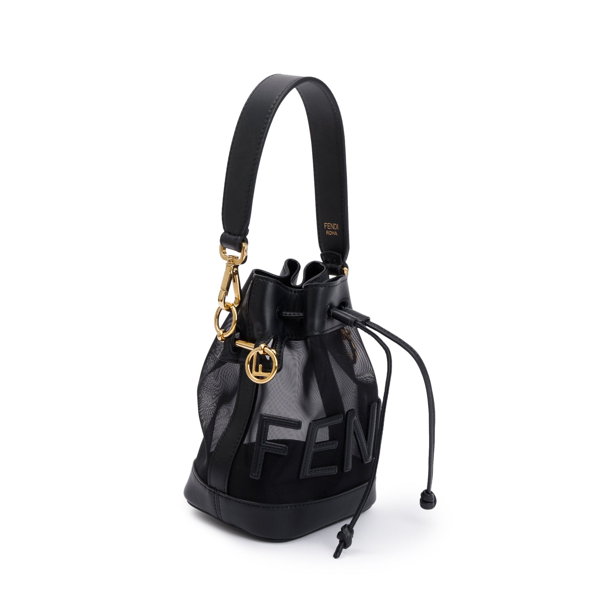Fendi Mesh Trimmed Mon Tresor Bucket Bag Leather Black