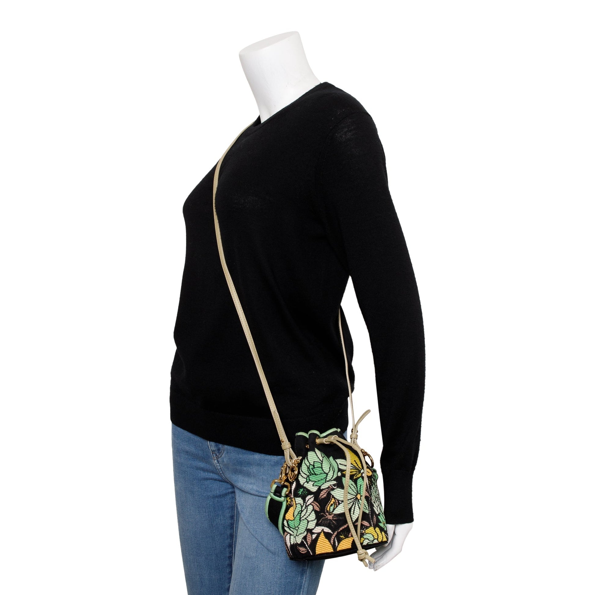 Fendi Green Floral Embroidered Psychedelic Mini Mon Tresor Canvas Black Bucket Bag