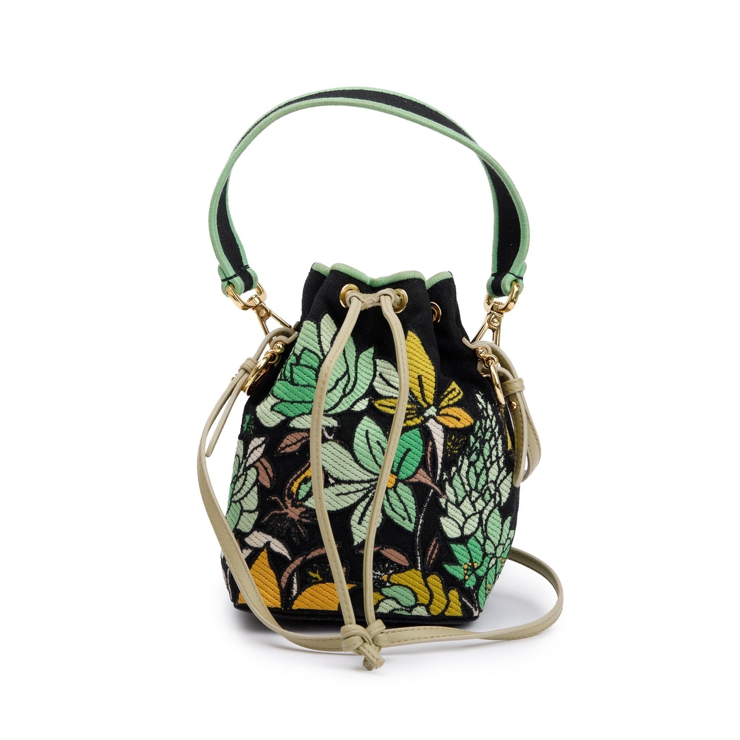 Fendi Green Floral Embroidered Psychedelic Mini Mon Tresor Canvas Black Bucket Bag
