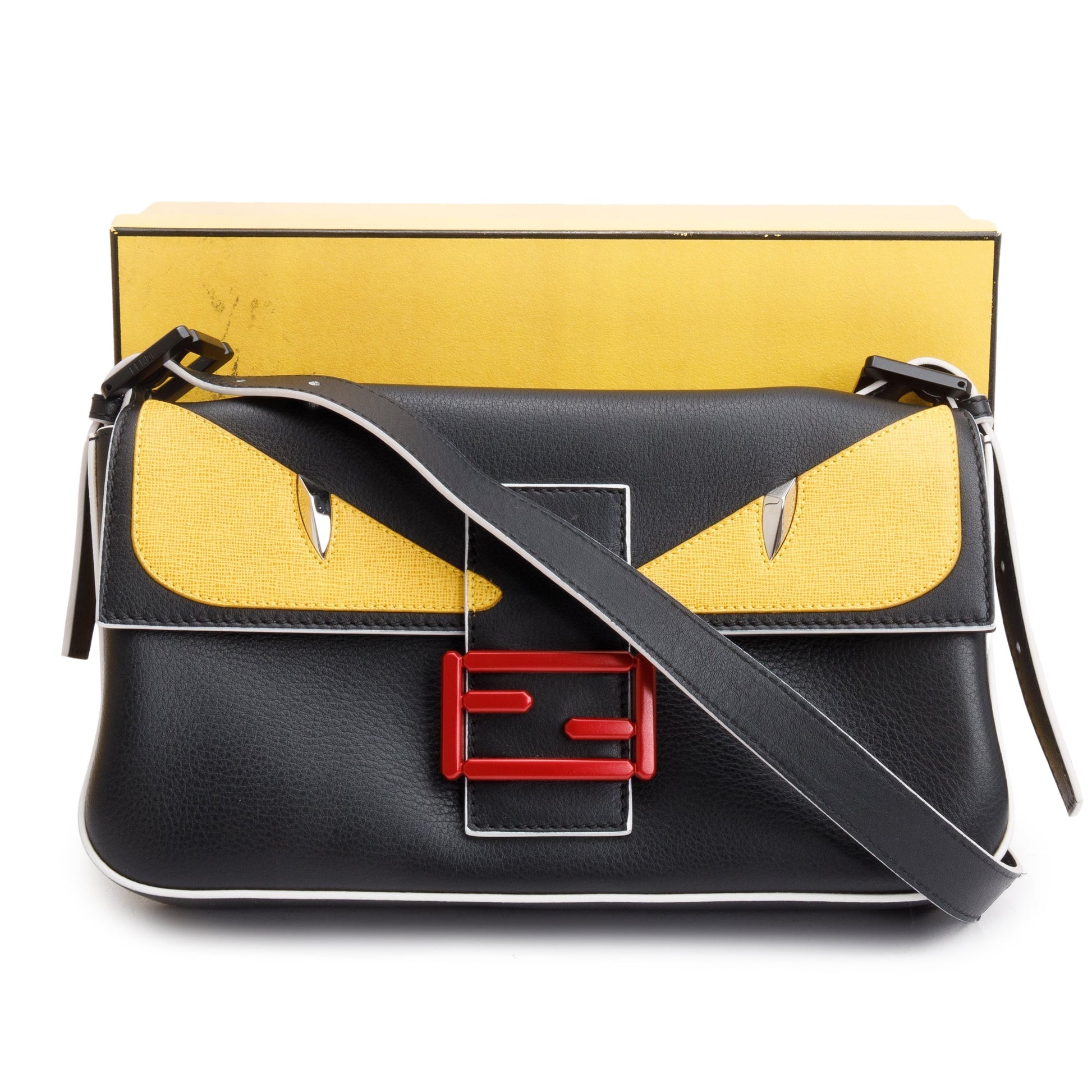 Fendi Yellow Calf Monster Eye Convertible Baguette Bag Leather Black Travel Bag
