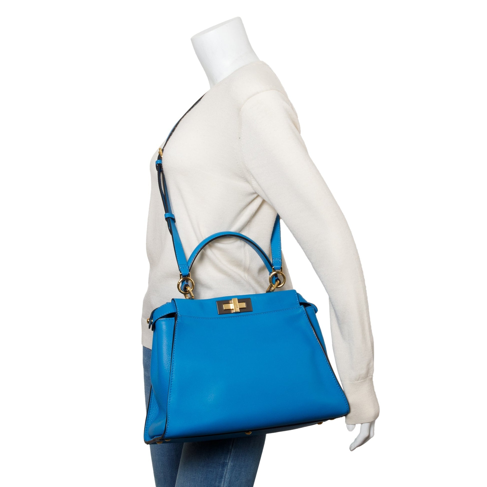 Fendi Calfskin Peekaboo Bag Leather Blue Travel Bag
