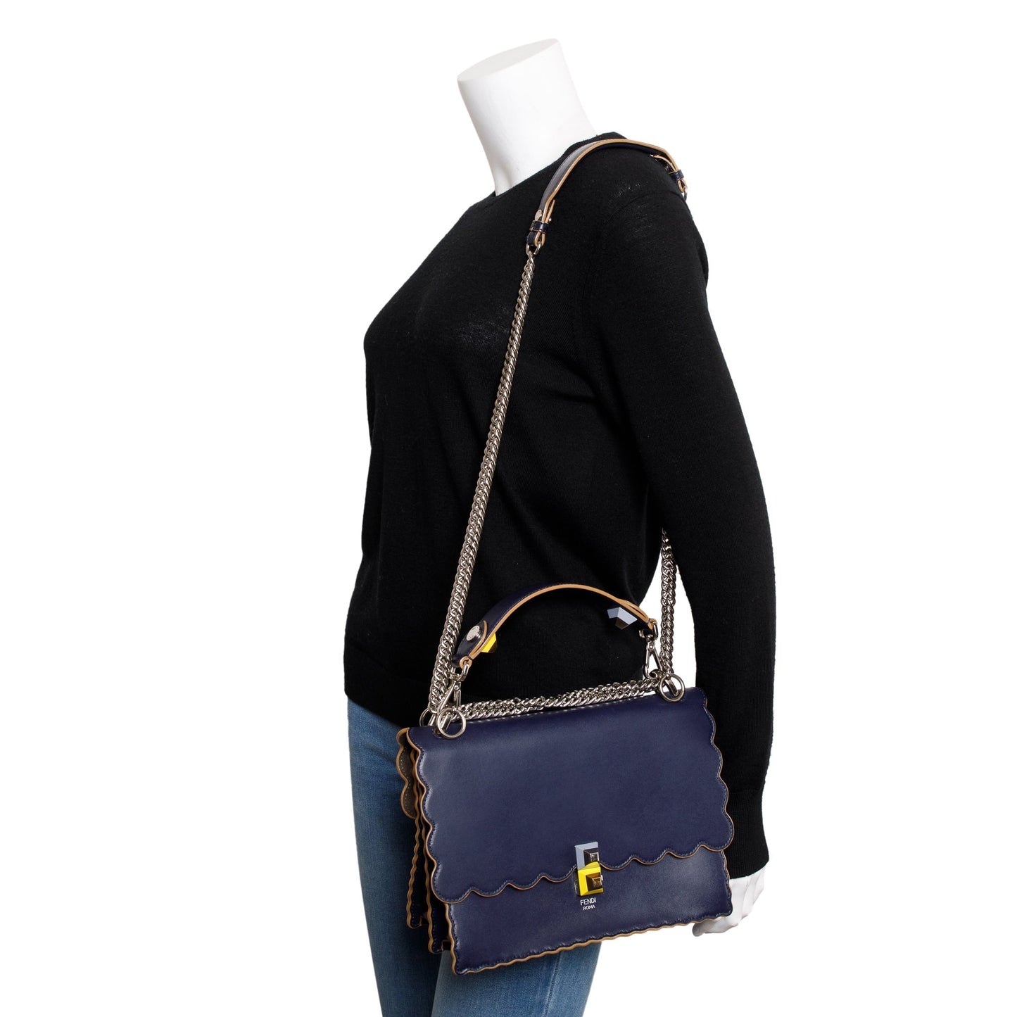 Fendi Calfskin Scalloped Studded Kan Shoulder Bag Leather Blue
