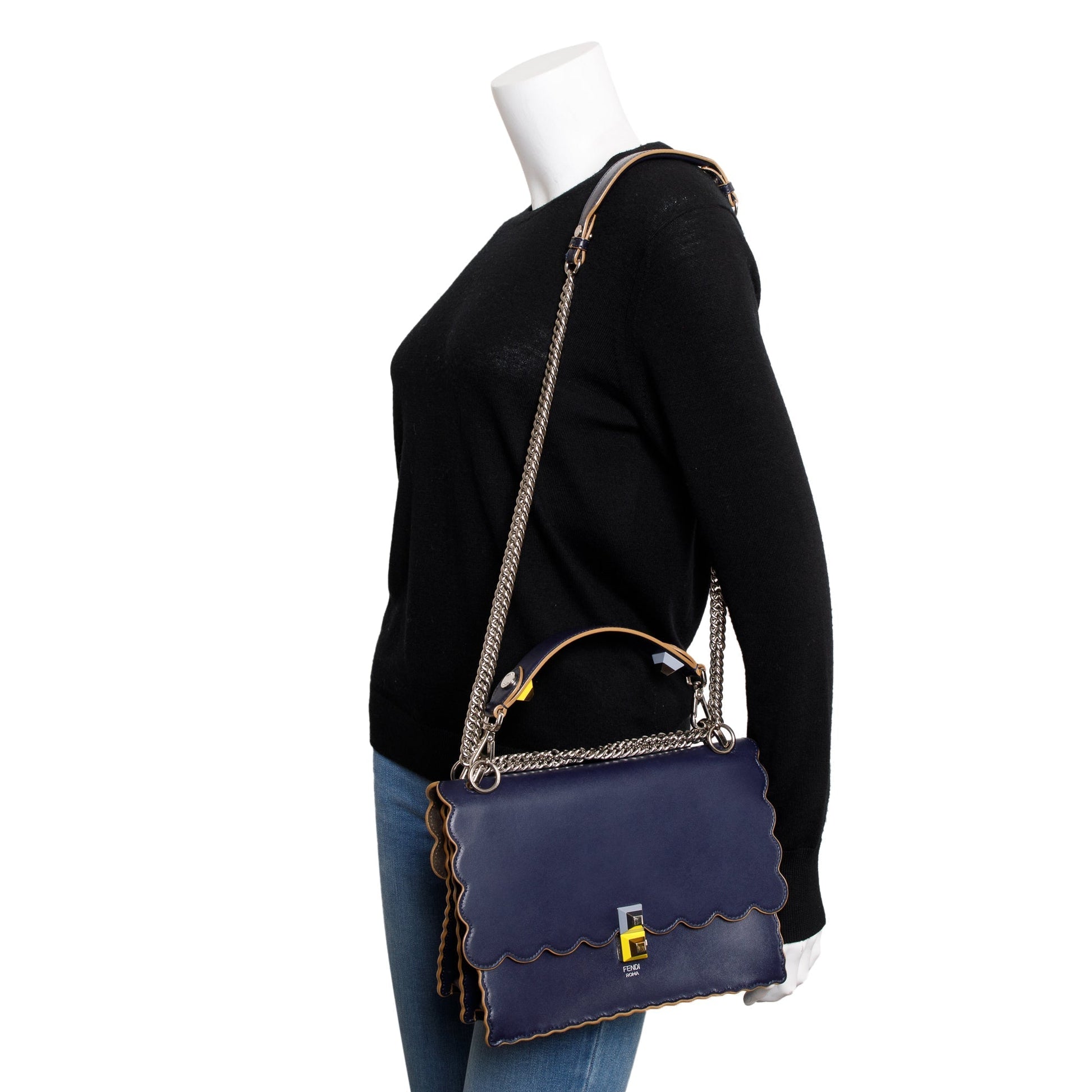 Fendi Calfskin Scalloped Studded Kan Shoulder Bag Leather Blue