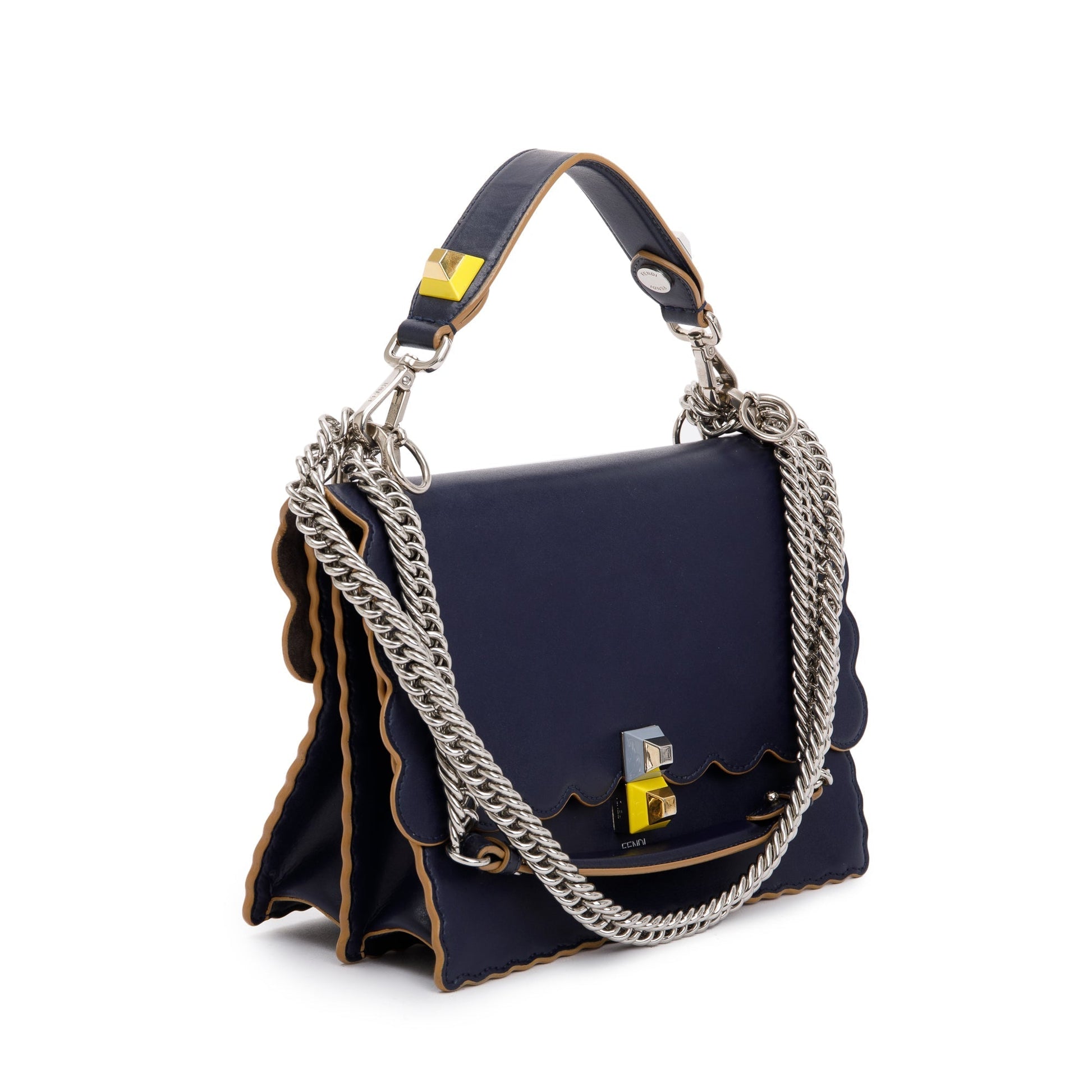 Fendi Calfskin Scalloped Studded Kan Shoulder Bag Leather Blue