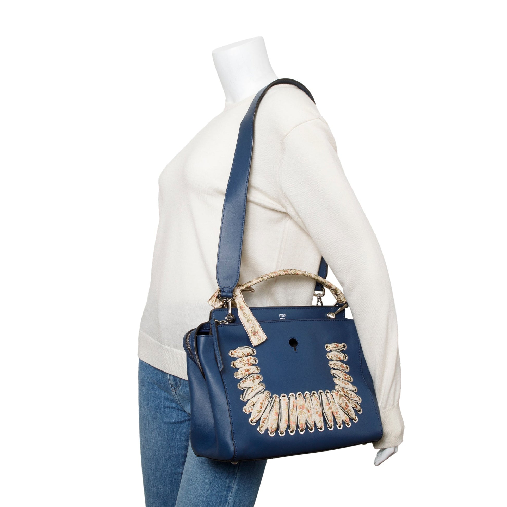 Fendi Vitello Baltico Ribbon Lace Up Dotcom Satchel Leather Blue Travel Bag