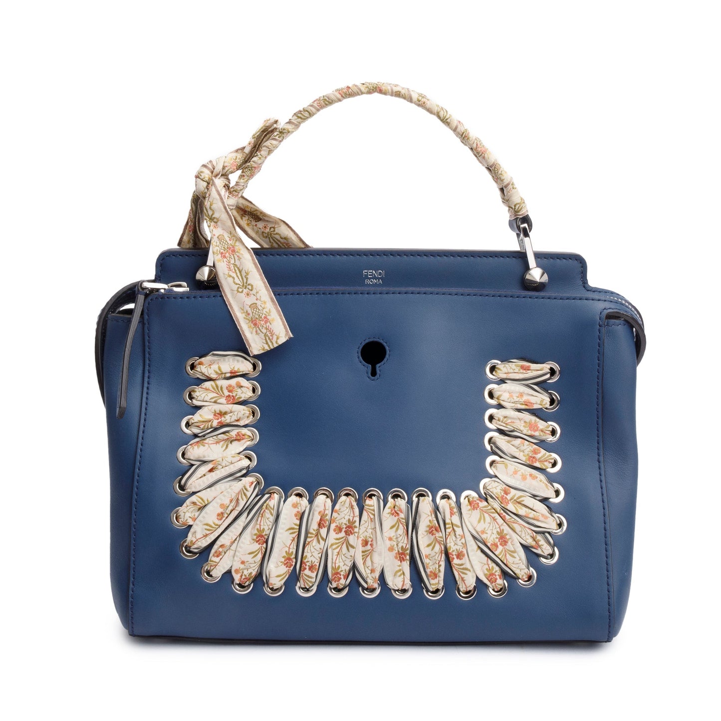Fendi Vitello Baltico Ribbon Lace Up Dotcom Satchel Leather Blue Travel Bag