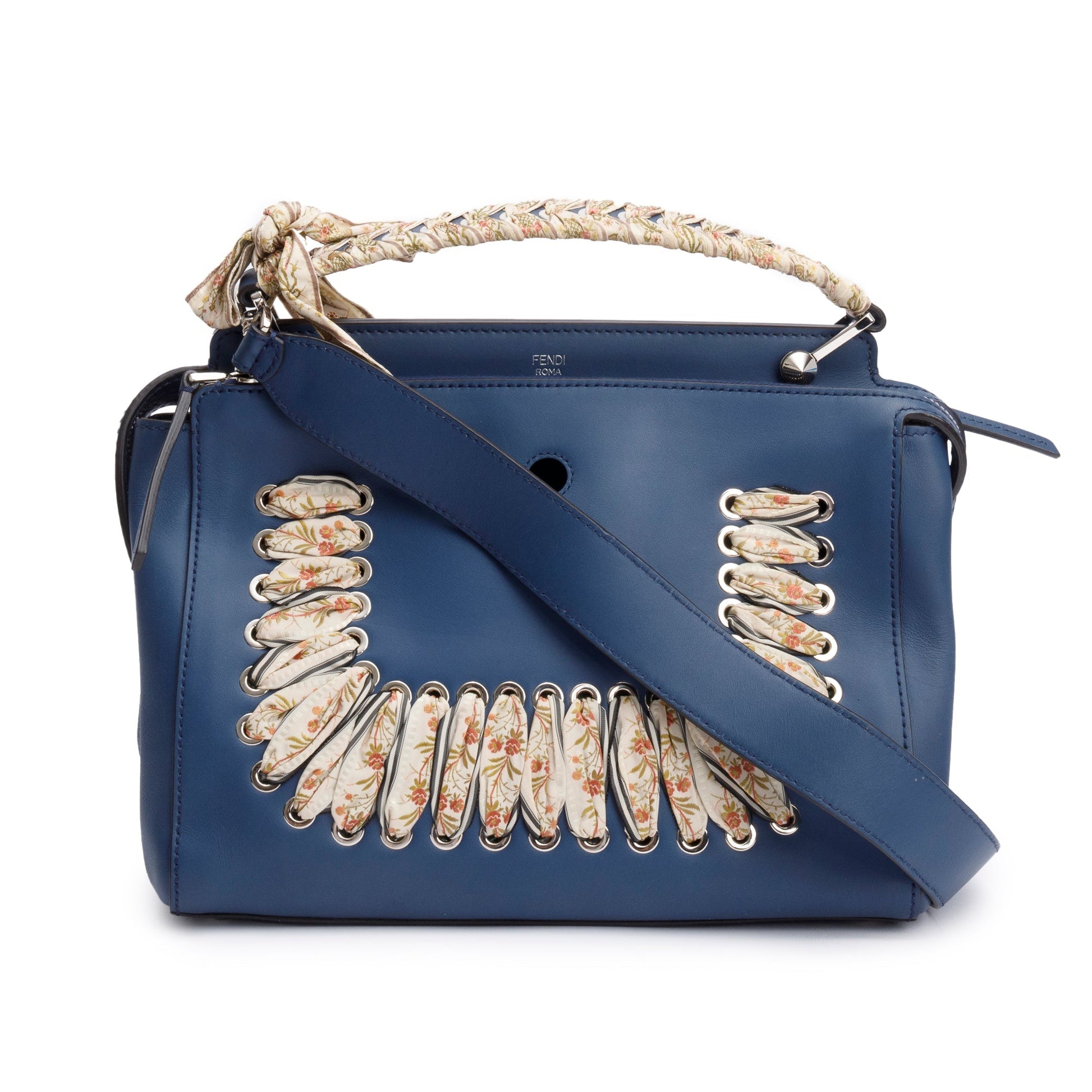 Fendi Vitello Baltico Ribbon Lace Up Dotcom Satchel Leather Blue Travel Bag