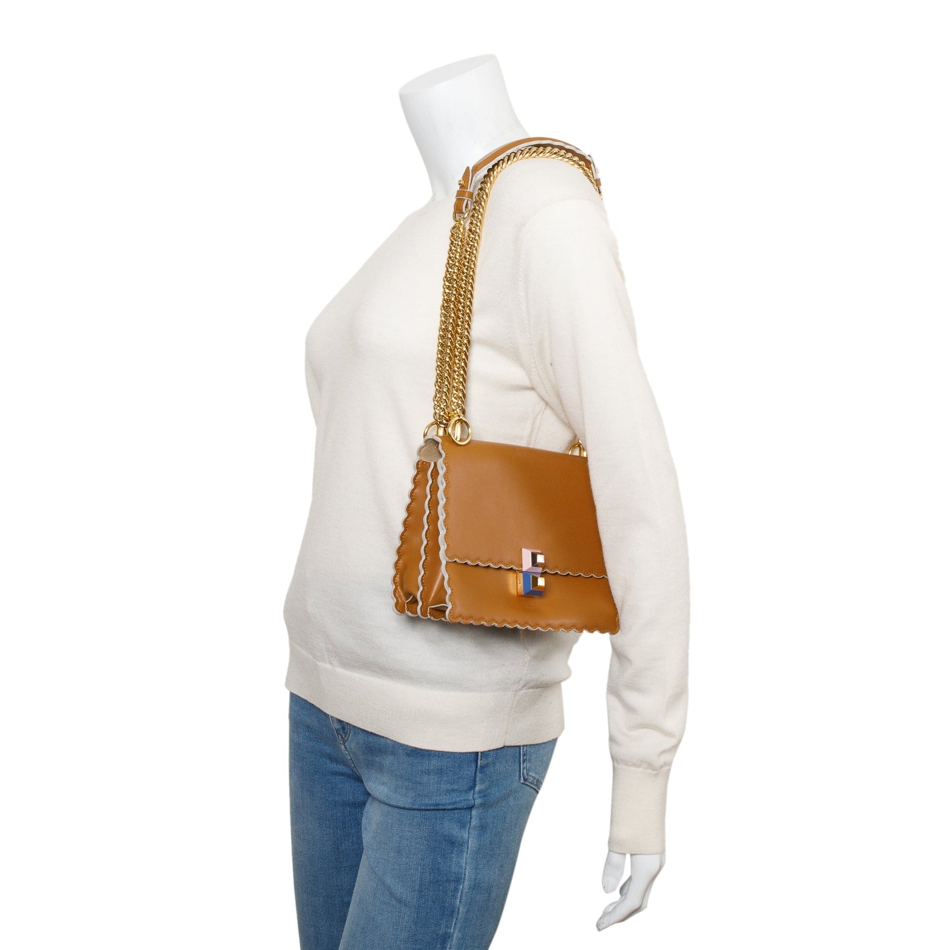 Fendi Calfskin Kan Scallop Shoulder Bag Leather Brown