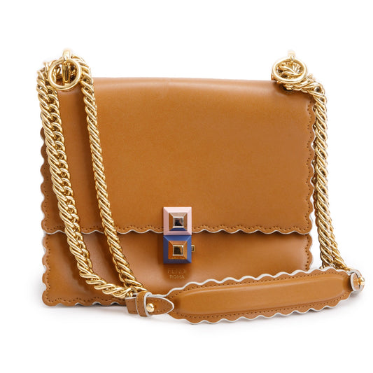 Fendi Calfskin Kan Scallop Shoulder Bag Leather Brown