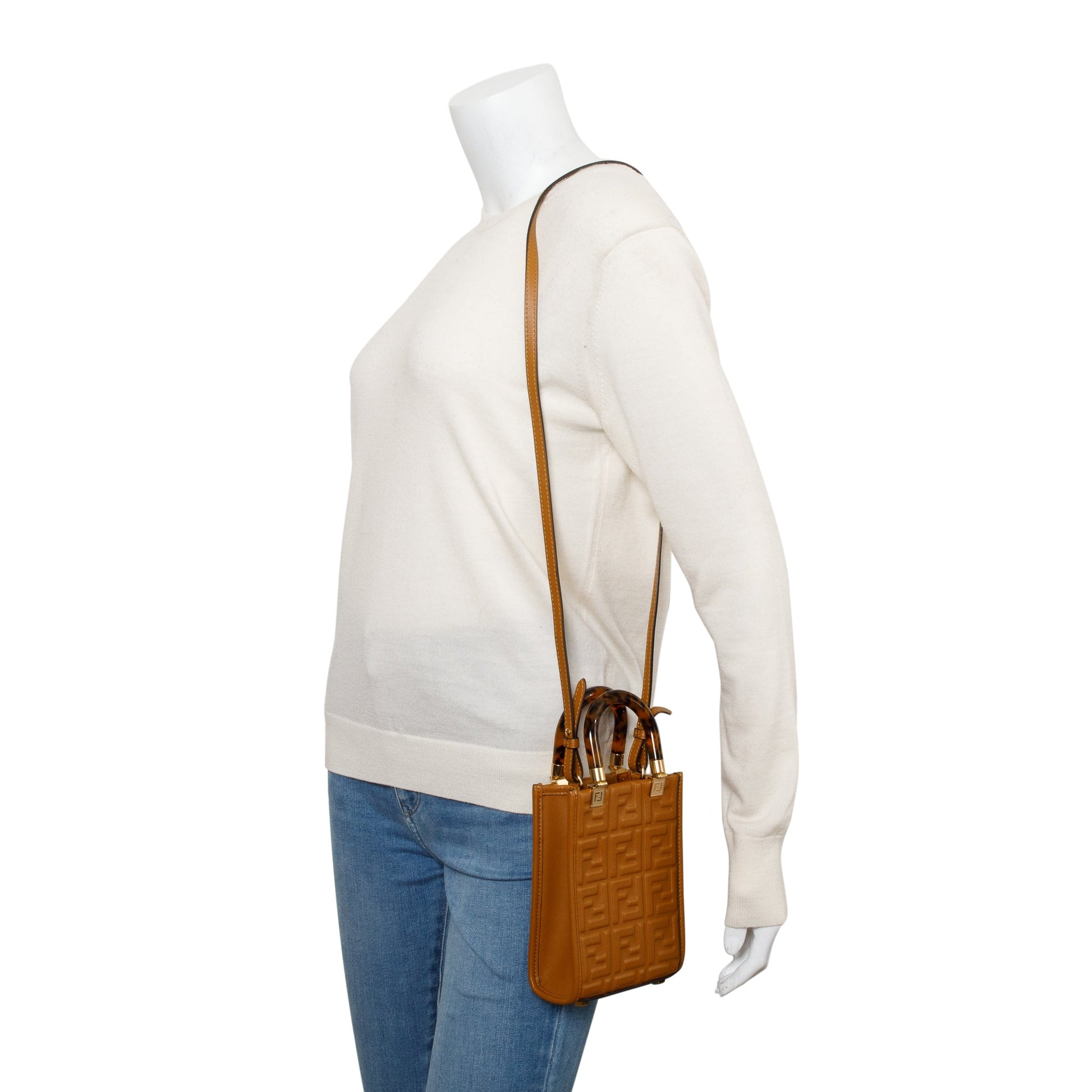 Fendi Ff Embossed Sunshine Shopper Tote Leather Brown Tote Bag