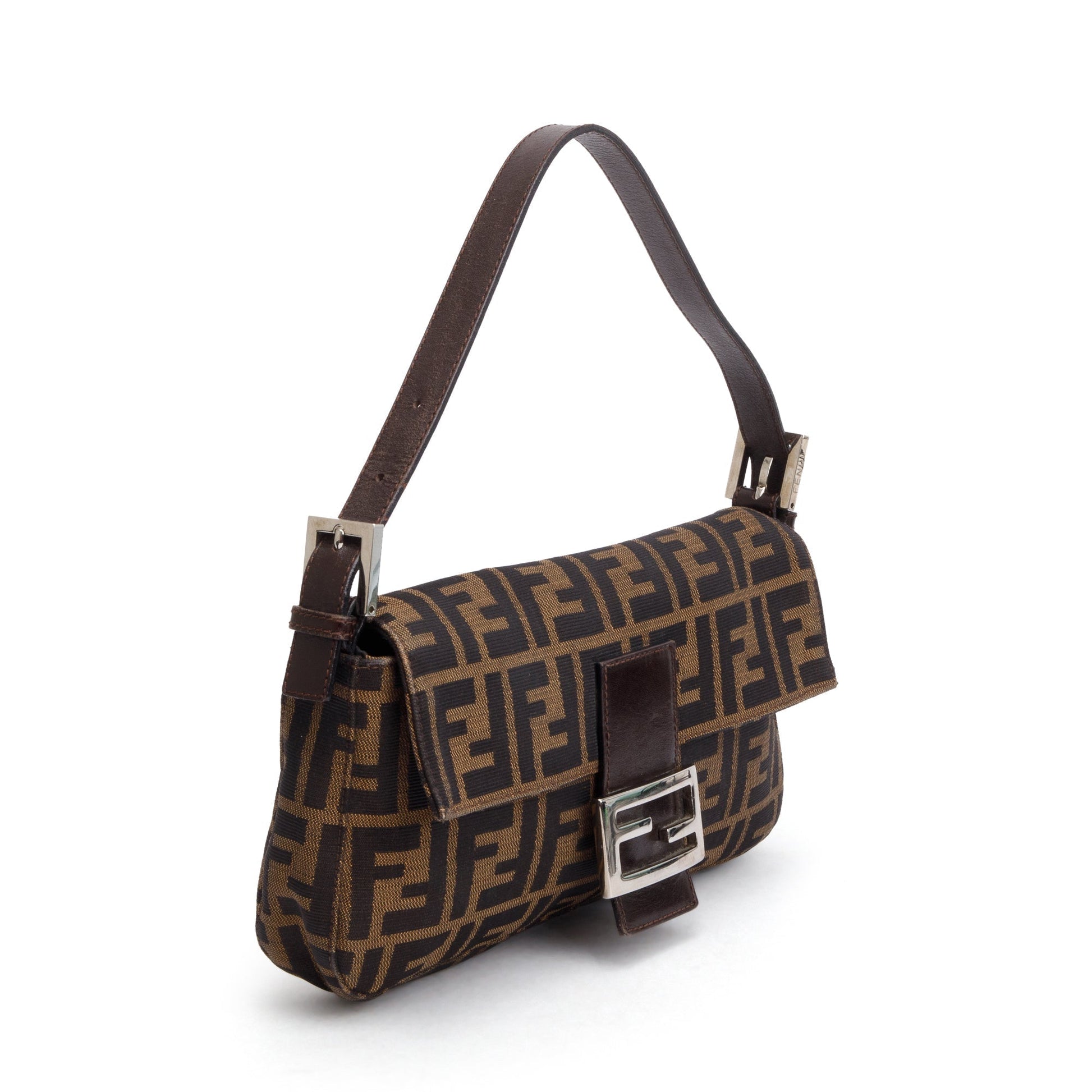 Fendi Ff Zucca Trim Baguette Shoulder Bag Leather Canvas