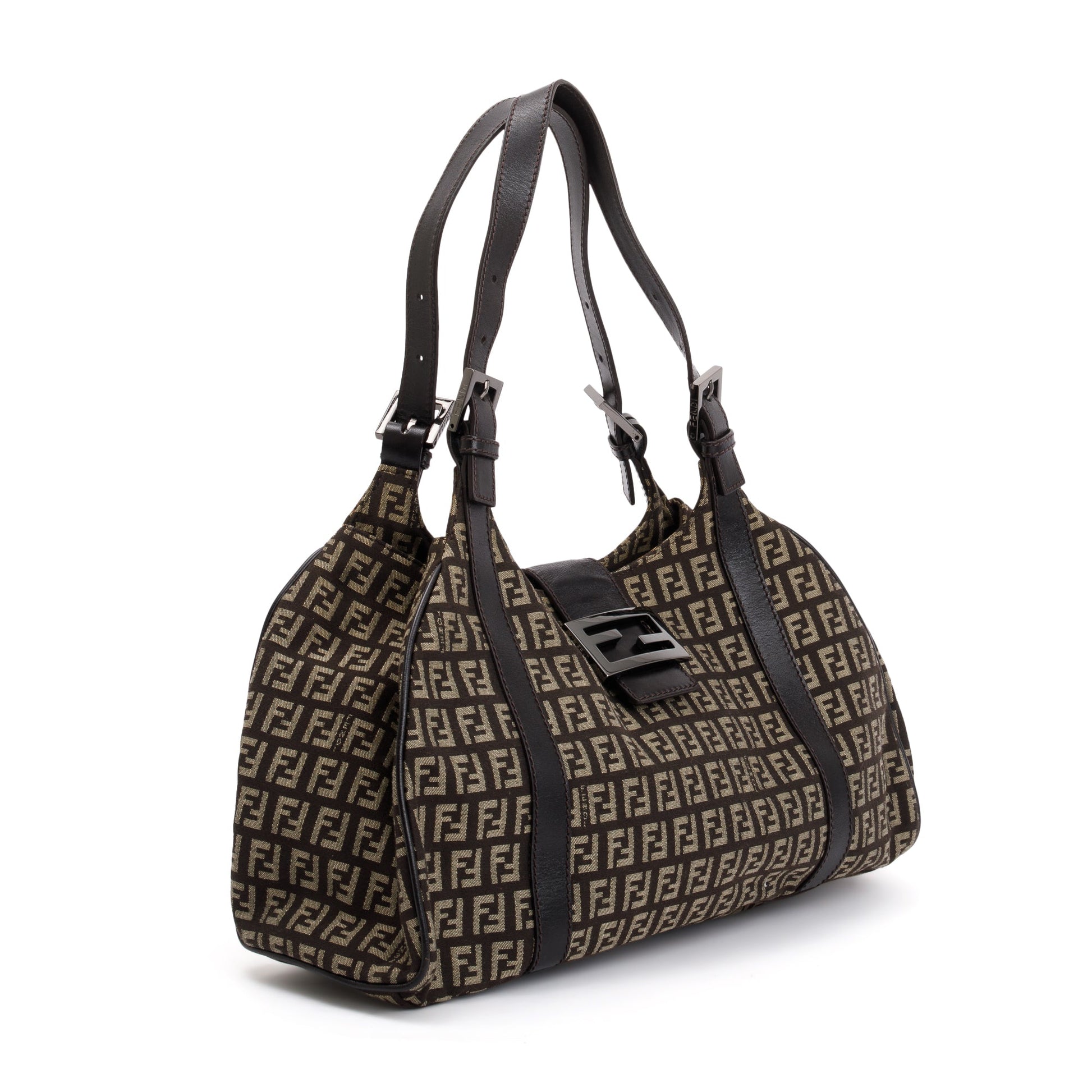 Fendi Trimmed Zucchino Shoulder Bag Leather Brown