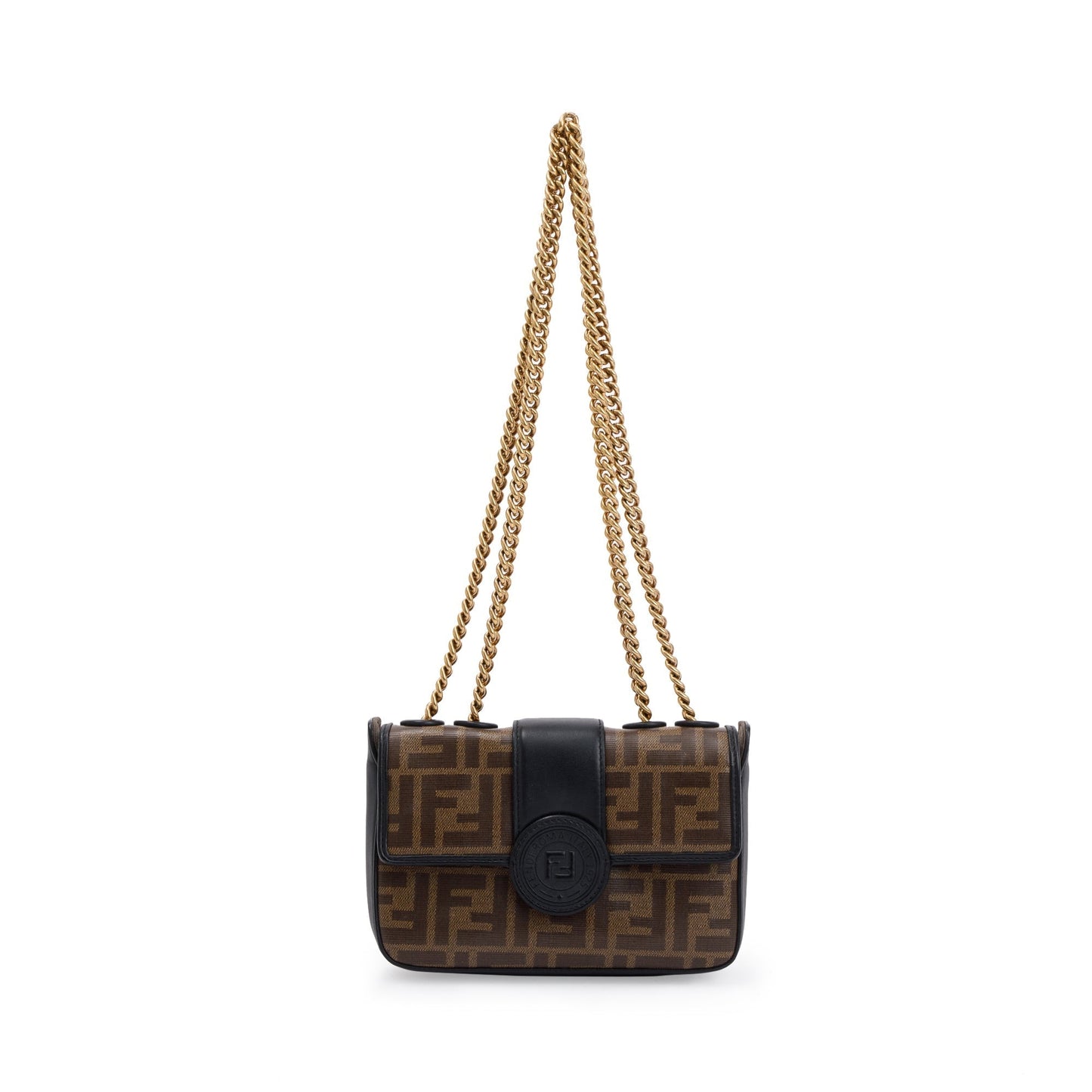 Fendi Zucca Ff Logo Stamp Flap Shoulder Bag Canvas Brown