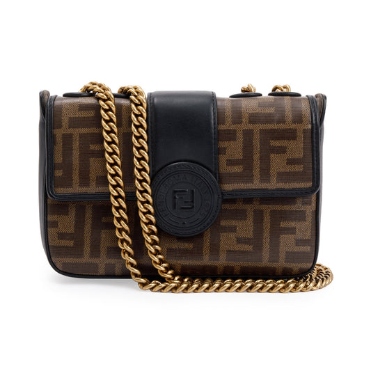 Fendi Zucca Ff Logo Stamp Flap Shoulder Bag Canvas Brown