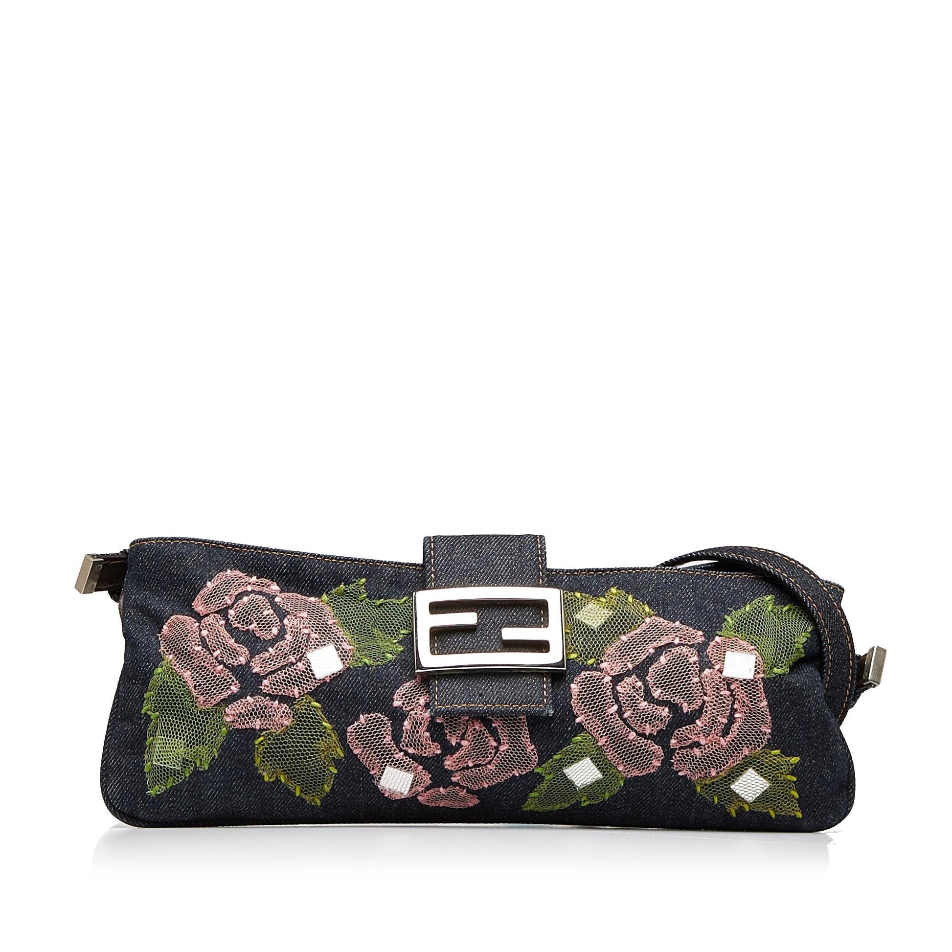 Fendi Baguette Shg 5Rybuo Handbag Denim Embroidered Shoulder Bag