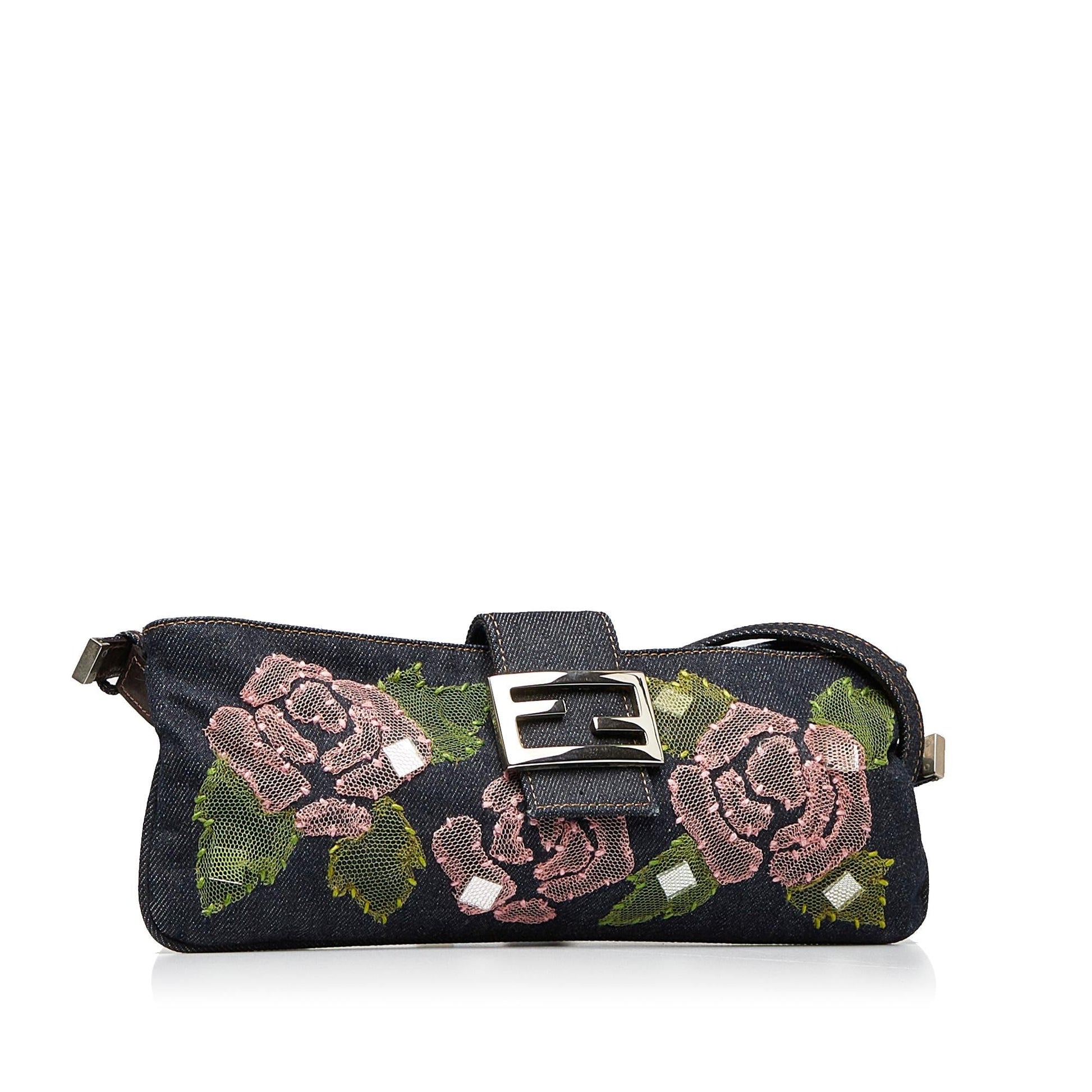 Fendi Baguette Shg 5Rybuo Handbag Denim Embroidered Shoulder Bag