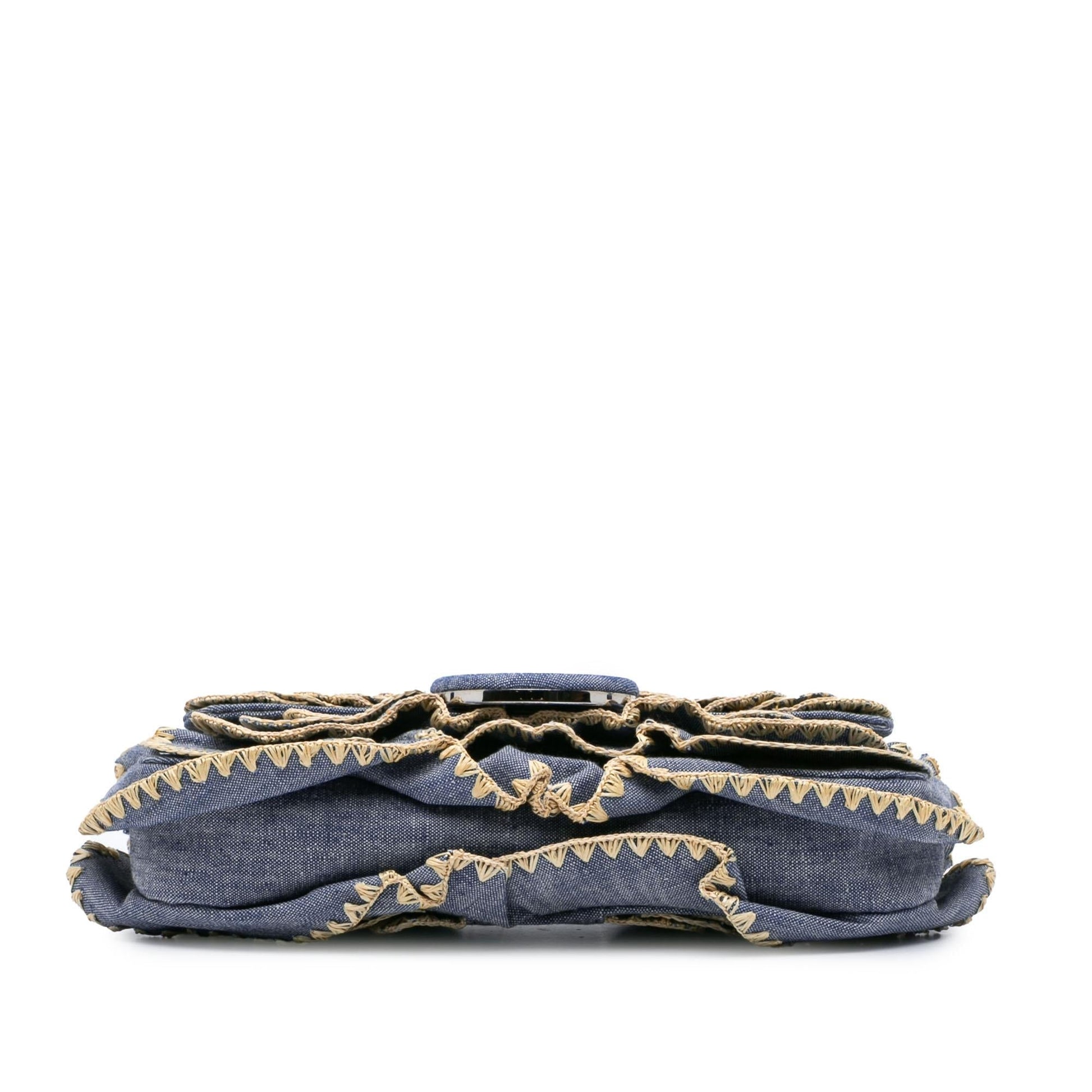 Fendi Ruffled Is Kan Baguette Satchel Bag Denim Embroidered