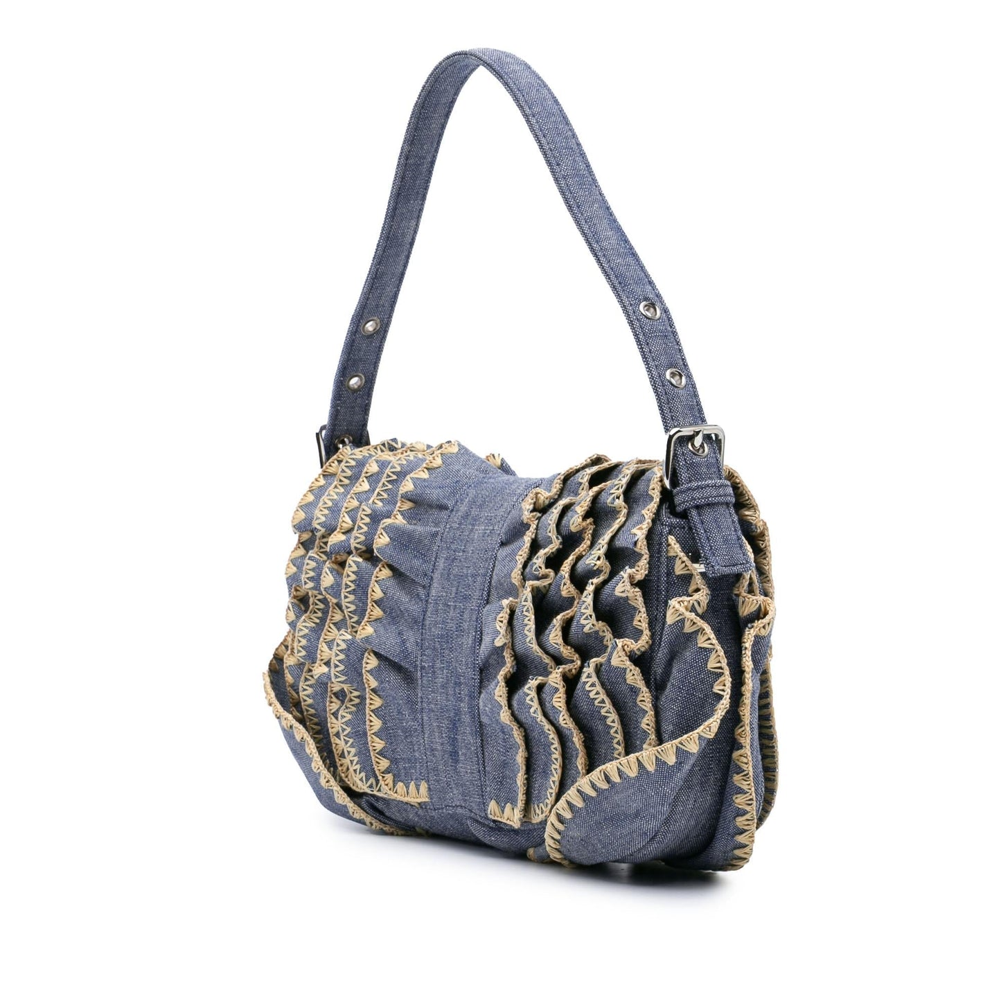 Fendi Ruffled Is Kan Baguette Satchel Bag Denim Embroidered